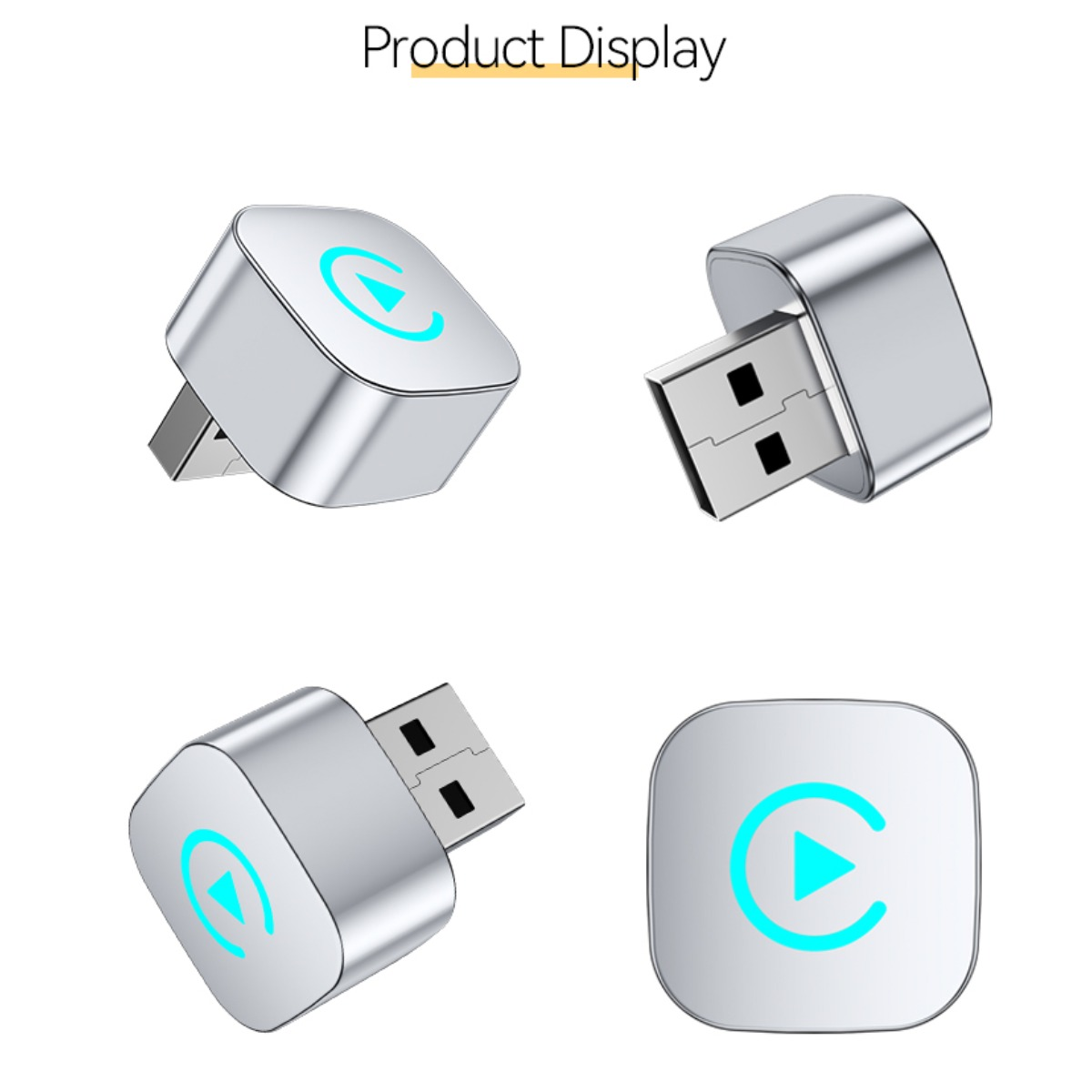 Vier Ansichten eines quadratischen, silbernen USB-Geräts mit einem leuchtend blauen Play-Symbol auf der Vorderseite.