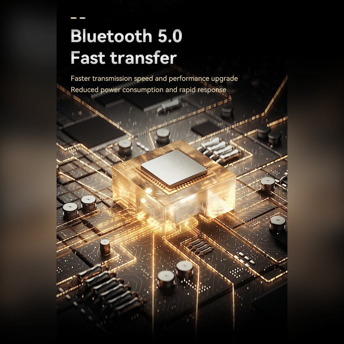 Eine leuchtende Computer-Platine mit Text über Bluetooth 5.0 und schnelle Übertragungsraten.