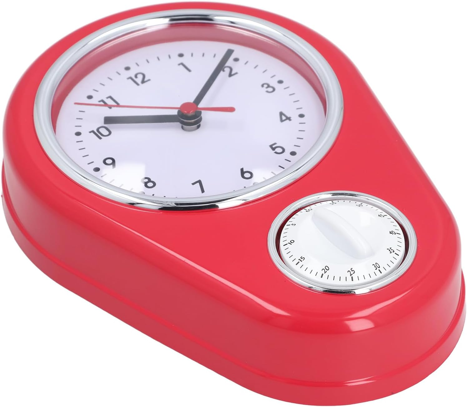 Eine rote Wanduhr mit weißem Zifferblatt, silbernem Rand und einem integrierten runden Timer unten rechts.
