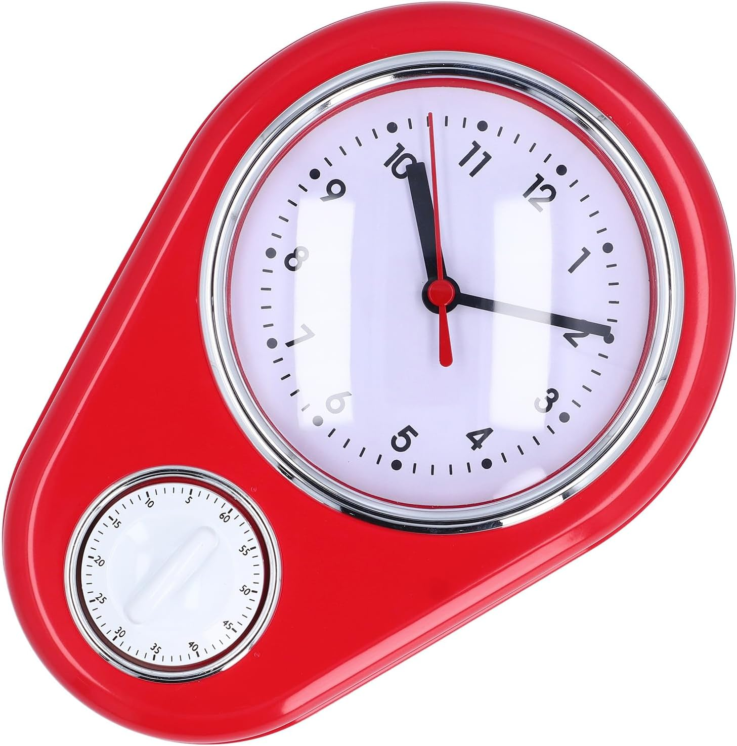 Roter Retro-Wandbehang mit weißem Zifferblatt, schwarzen Ziffern und integriertem Timer unten.