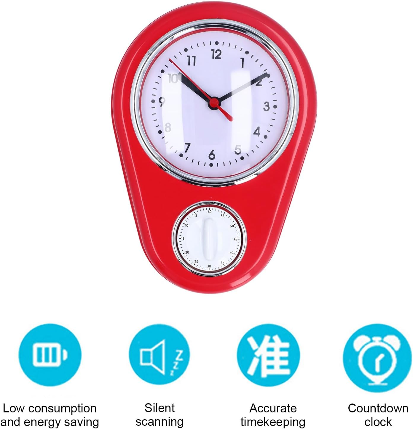Eine rote Wanduhr mit integriertem Timer und vier blauen Funktionssymbolen darunter.
