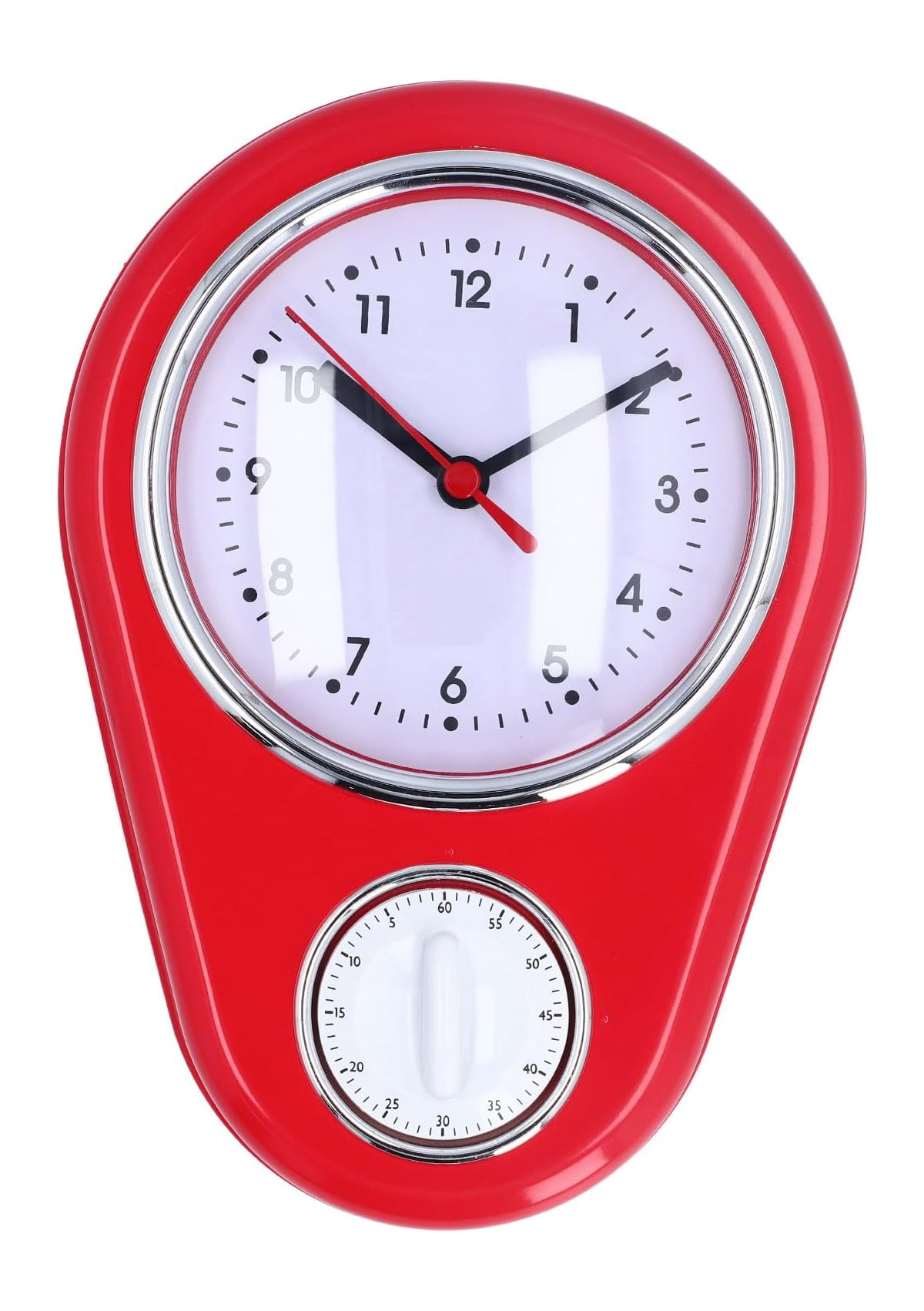 Eine rote Uhr mit runden Ecken, einem weißen Zifferblatt mit schwarzen Zahlen und einem integrierten Timer unten.