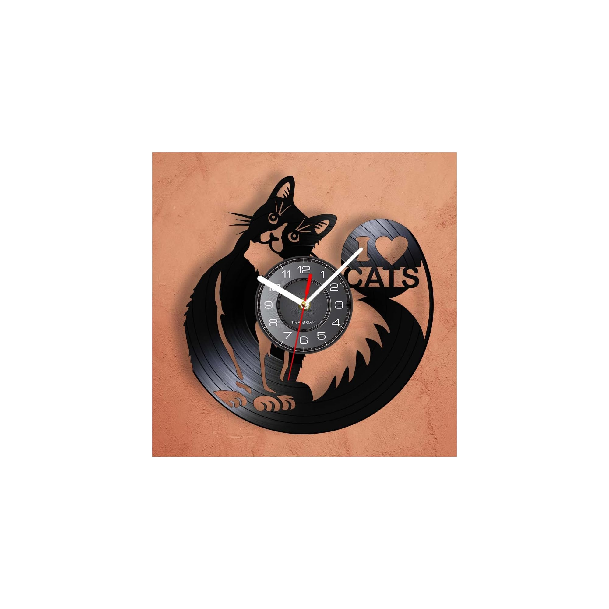 Wanduhr aus Vinyl mit schwarzem Katzenmotiv und der Aufschrift I love cats auf orangefarbenem Hintergrund.