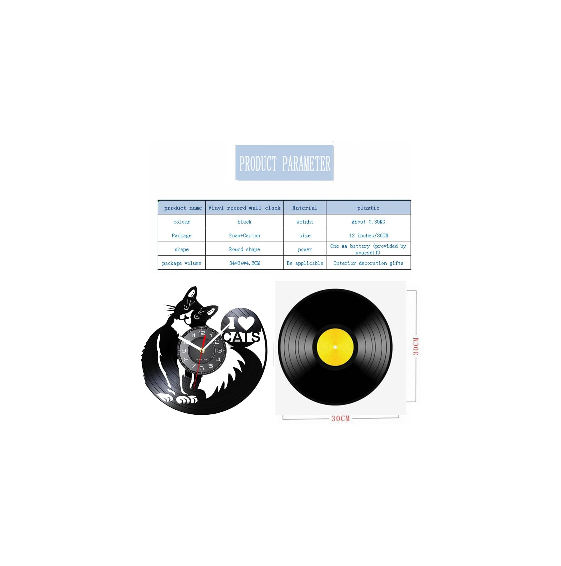 Produkttabelle und Bilder einer schwarzen Vinyl-Schallplatten-Wanduhr im Katzen-Design mit 30 cm Durchmesser.