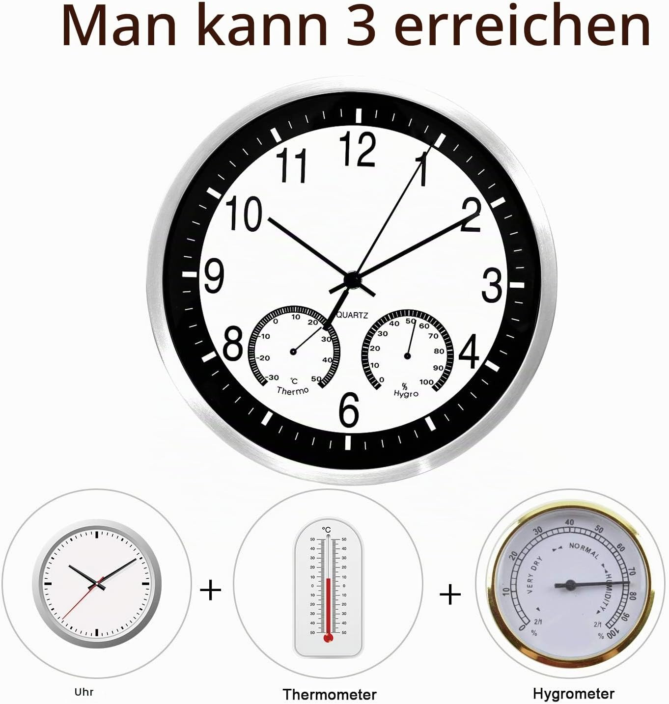 Eine Wanduhr kombiniert mit Thermometer und Hygrometer, dargestellt mit Einzelelementen unten.