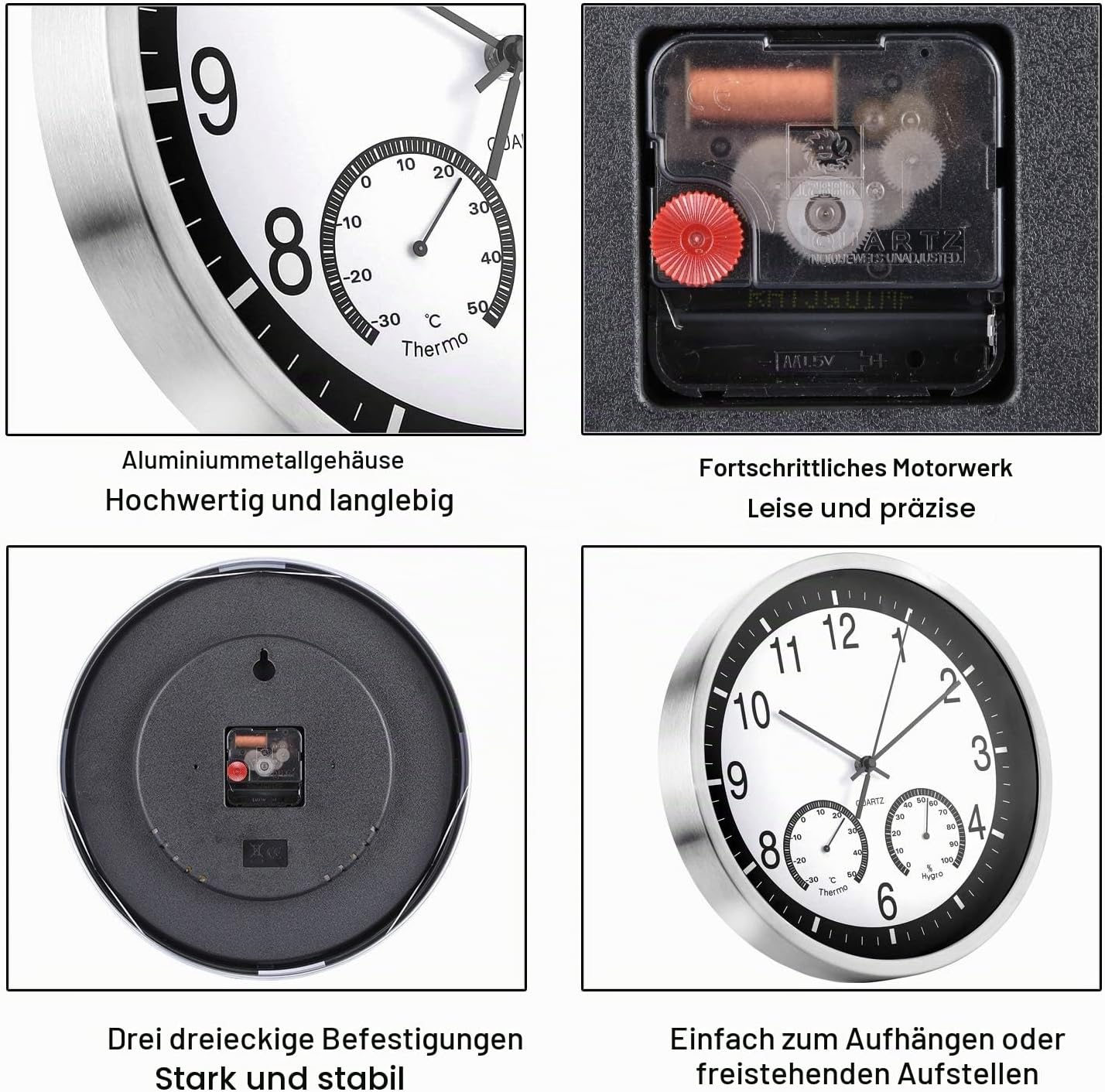 Vierteiliges Bild einer Wanduhr mit Thermometer, Quarzwerk, Rückseite und Gesamtansicht sowie deutschen Texten.