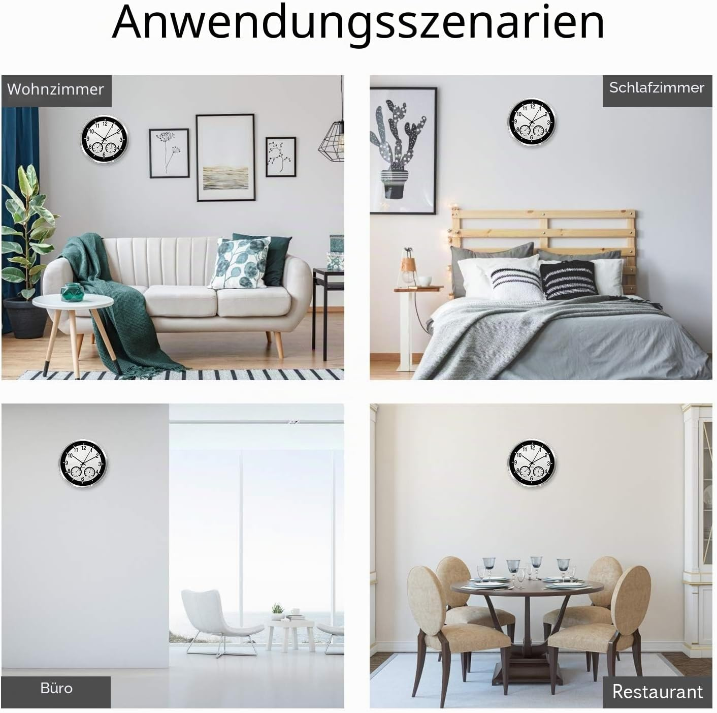Vier Bilder zeigen eine Wanduhr in Wohnzimmer, Schlafzimmer, Büro und Restaurant.