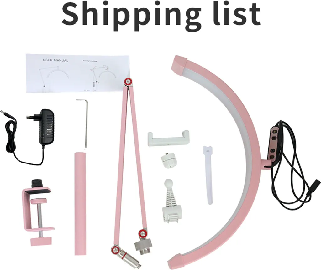 Versandliste zeigt rosa Bogenlampe, Arm, Klemme, Netzteil, Schraube und Handbuch auf weißem Hintergrund.