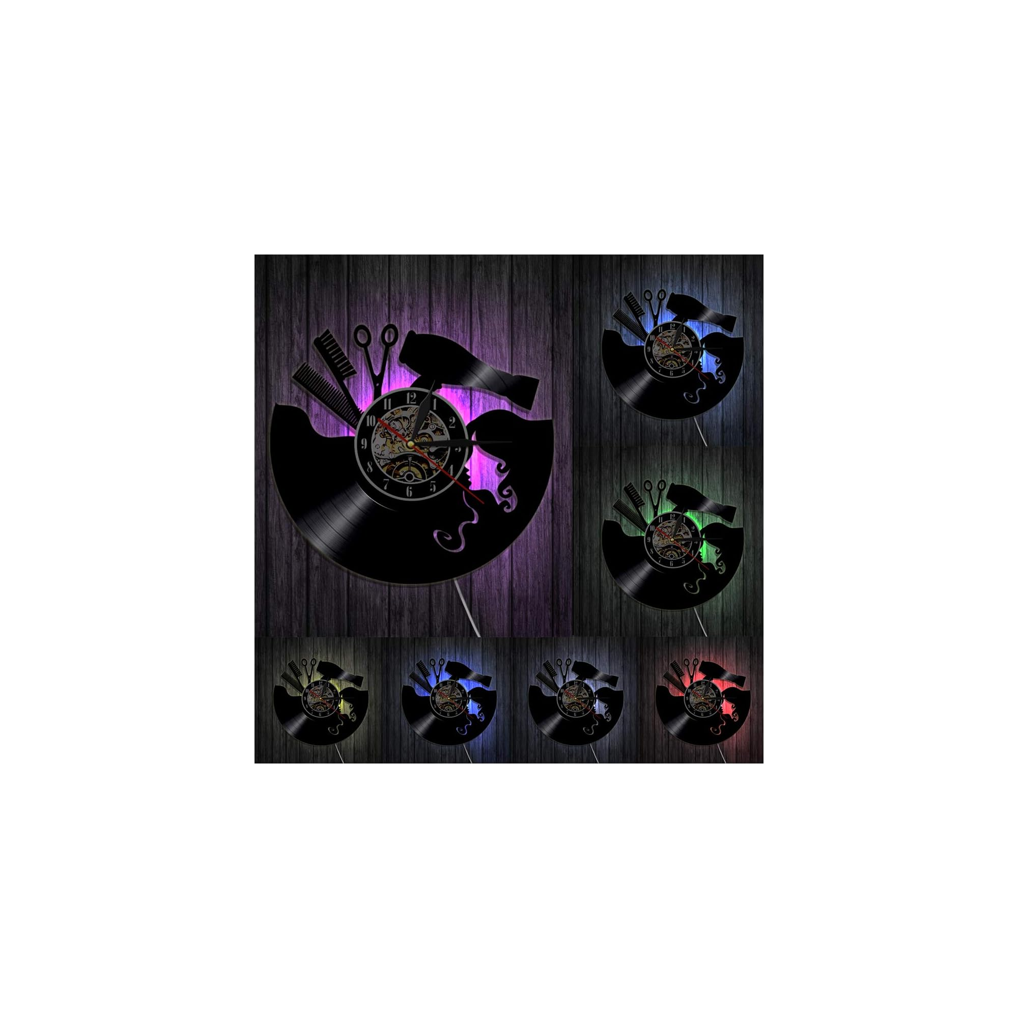 Wanduhr aus recycelter Schallplatte mit Friseurmotiven, farbig beleuchtet.