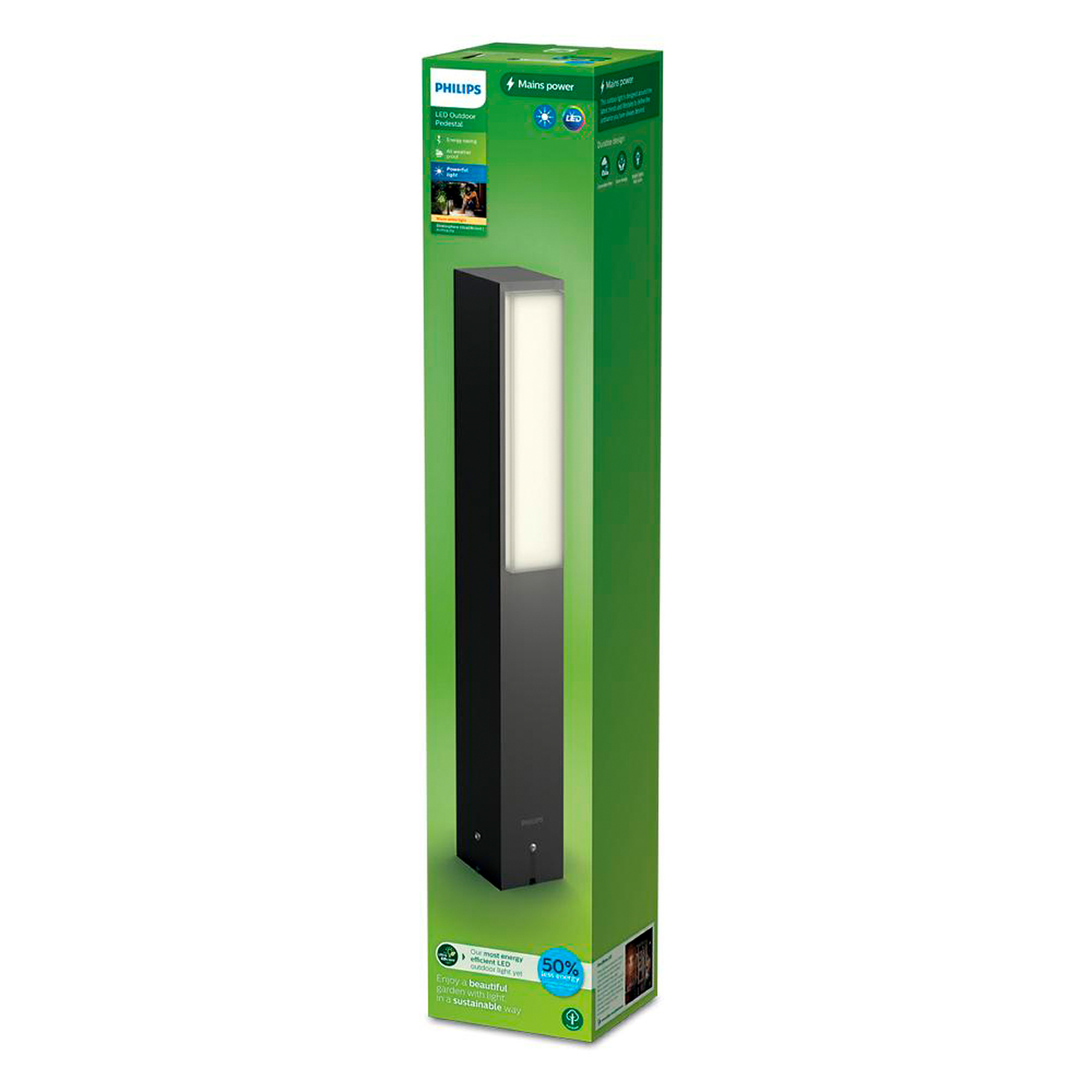 Verpackung für eine Philips LED-Wegeleuchte mit der hohen, dunkelgrauen Leuchte im Stehen.