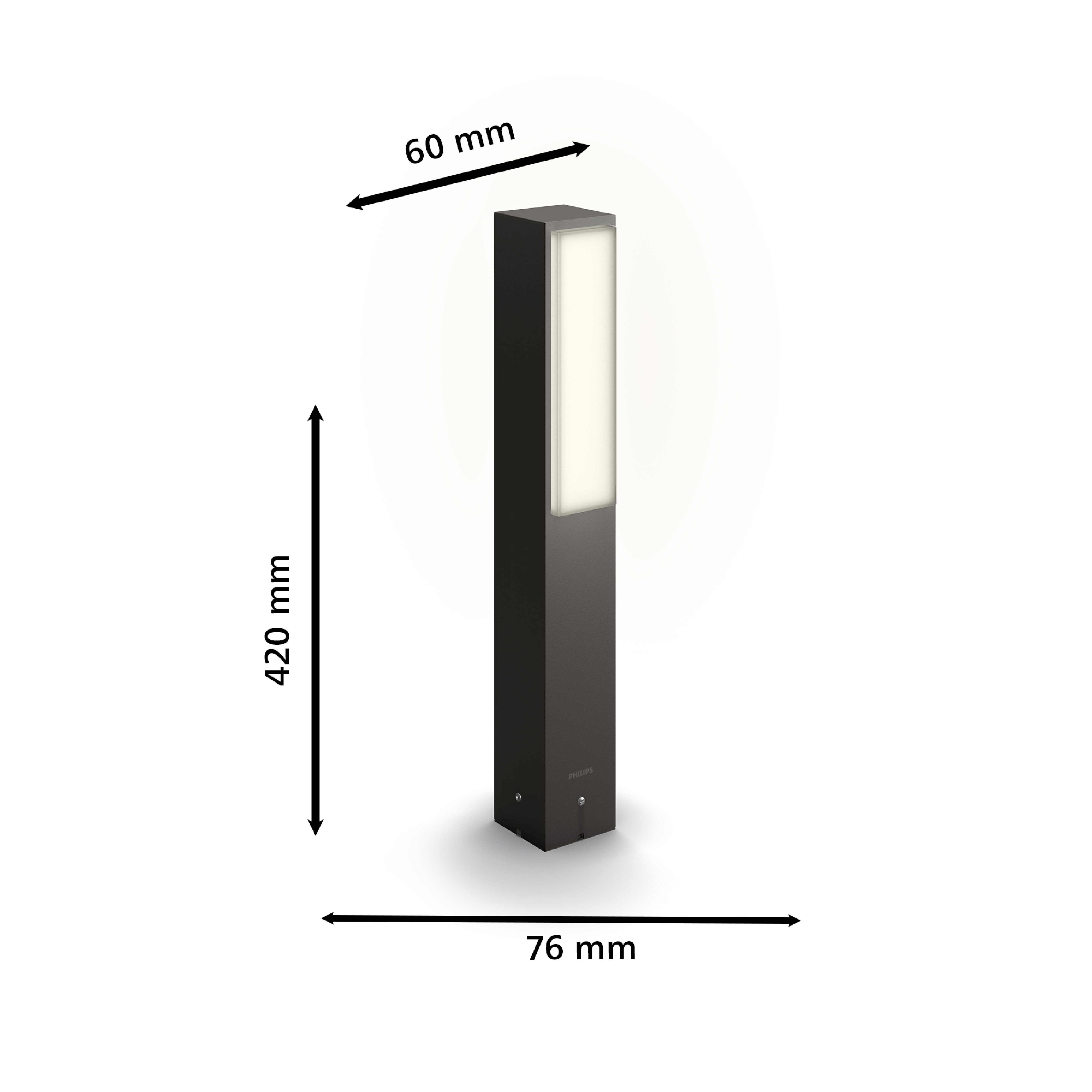 Dunkelgraue Philips Wegeleuchte mit Abmessungen: Höhe 420 mm, Breite 76 mm, Tiefe 60 mm.
