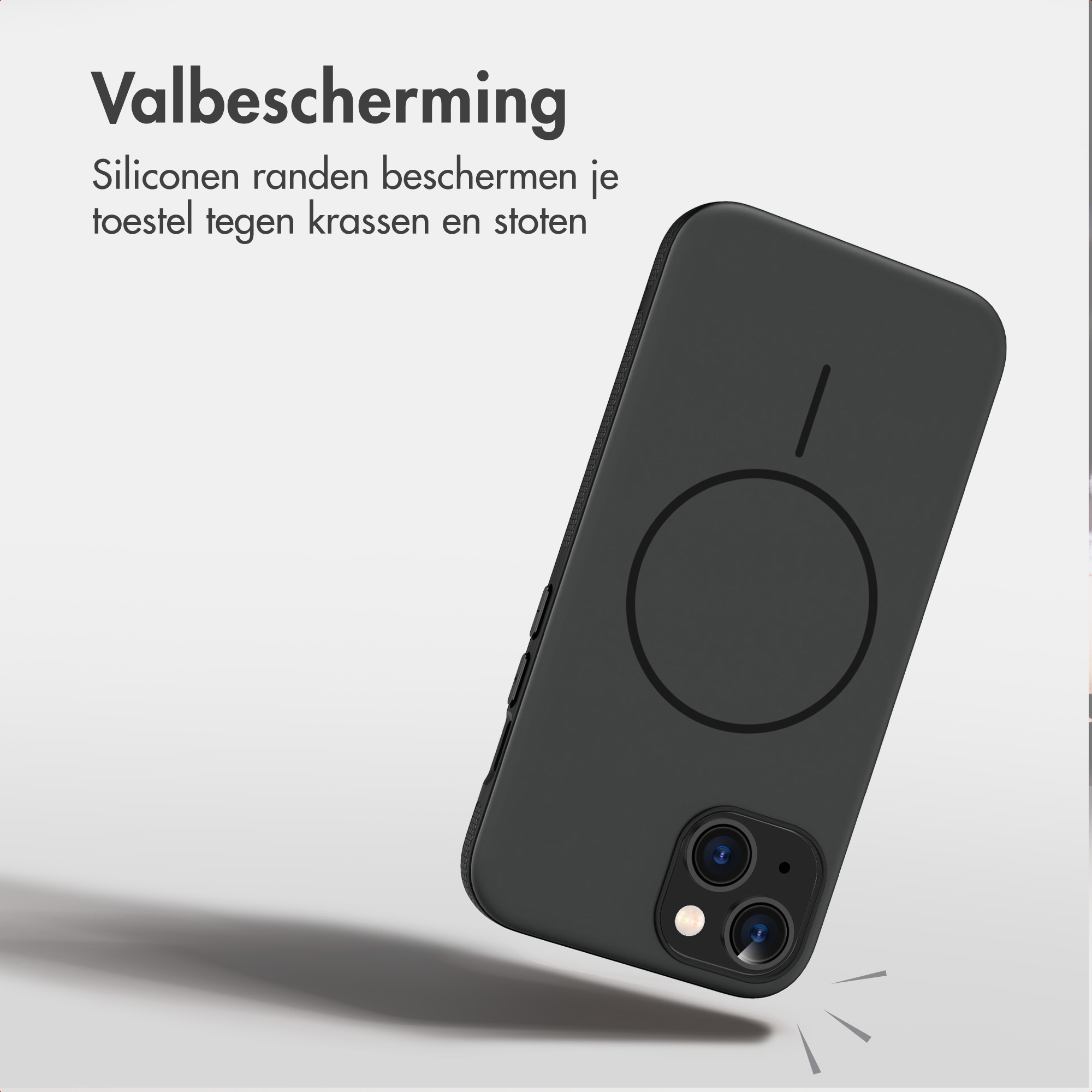 Ein schwarzes Smartphone in einer Schutzhülle mit niederländischem Text darüber.