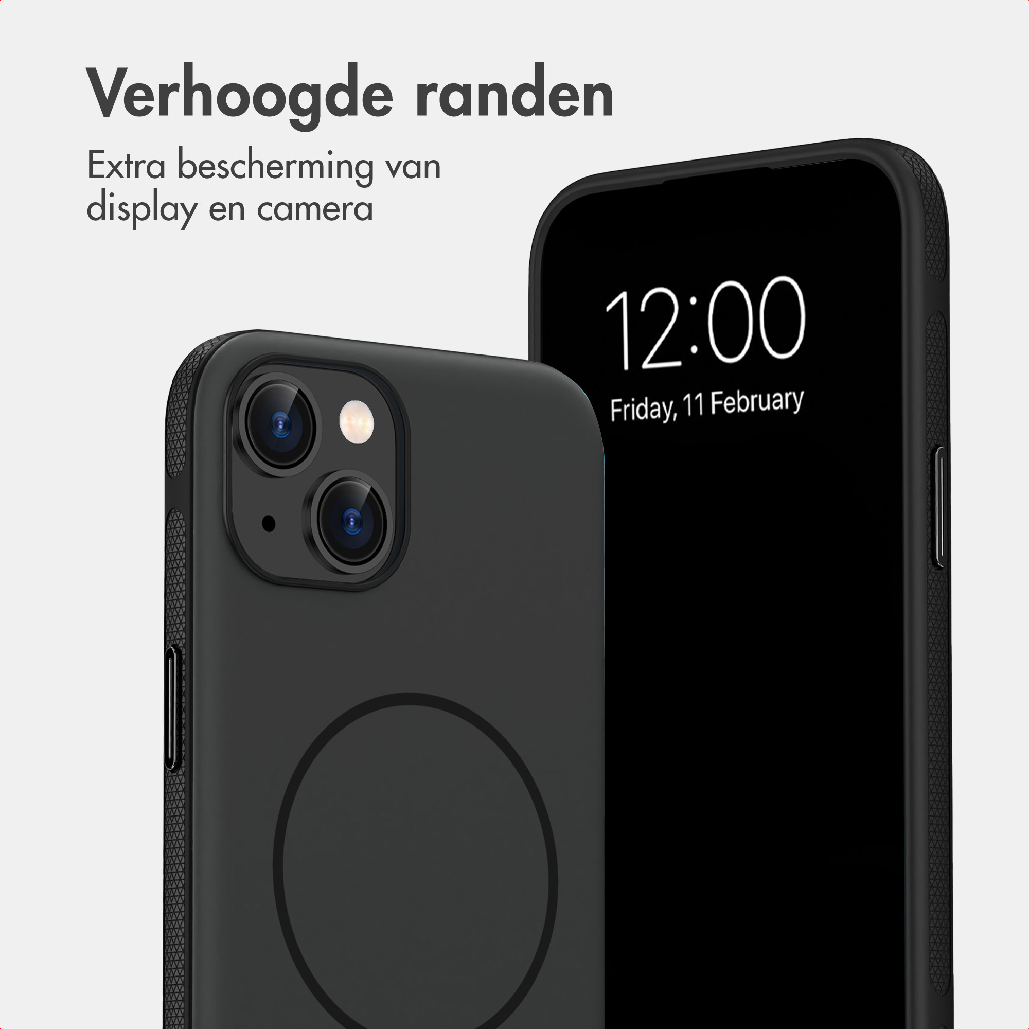 Schwarze Schutzhüllen für Smartphones mit MagSafe-Kreis und erhöhten Rändern für Display- und Kameraschutz.