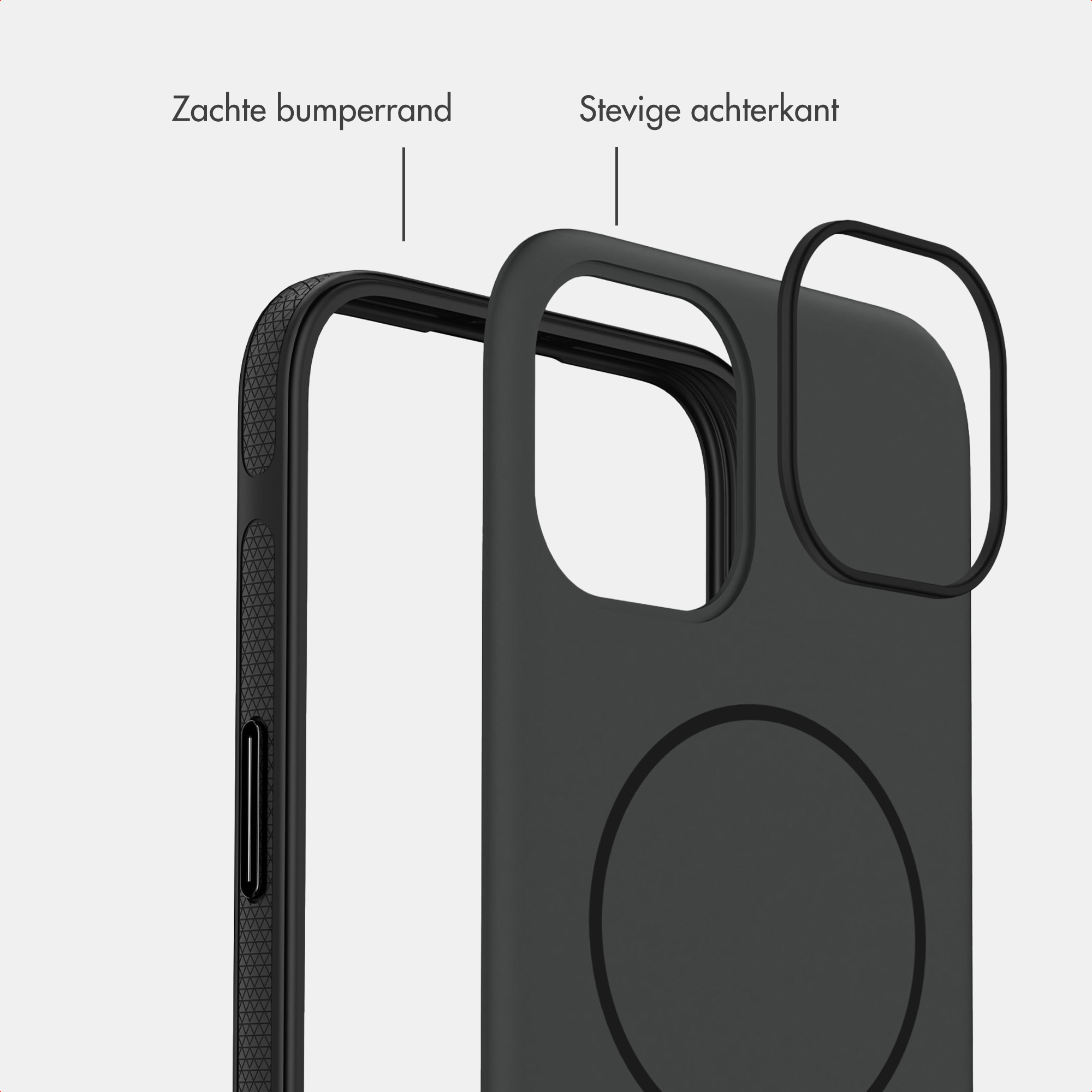 Eine schwarze Smartphone-Hülle mit weichem Bumper-Rand und stabiler Rückseite, mit niederländischen Texten.