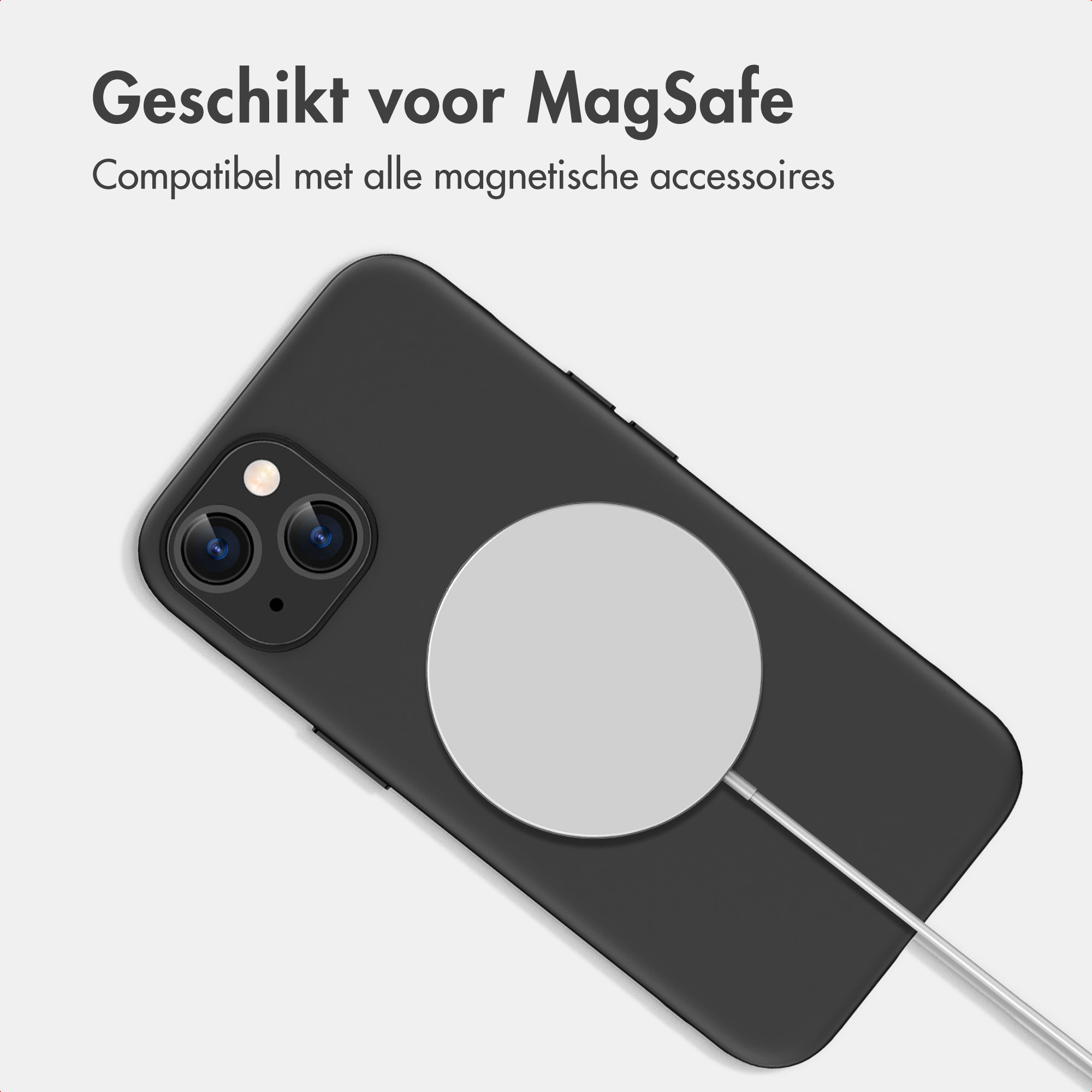 Schwarze Handyhülle mit MagSafe-Ladegerät und niederländischem Text.