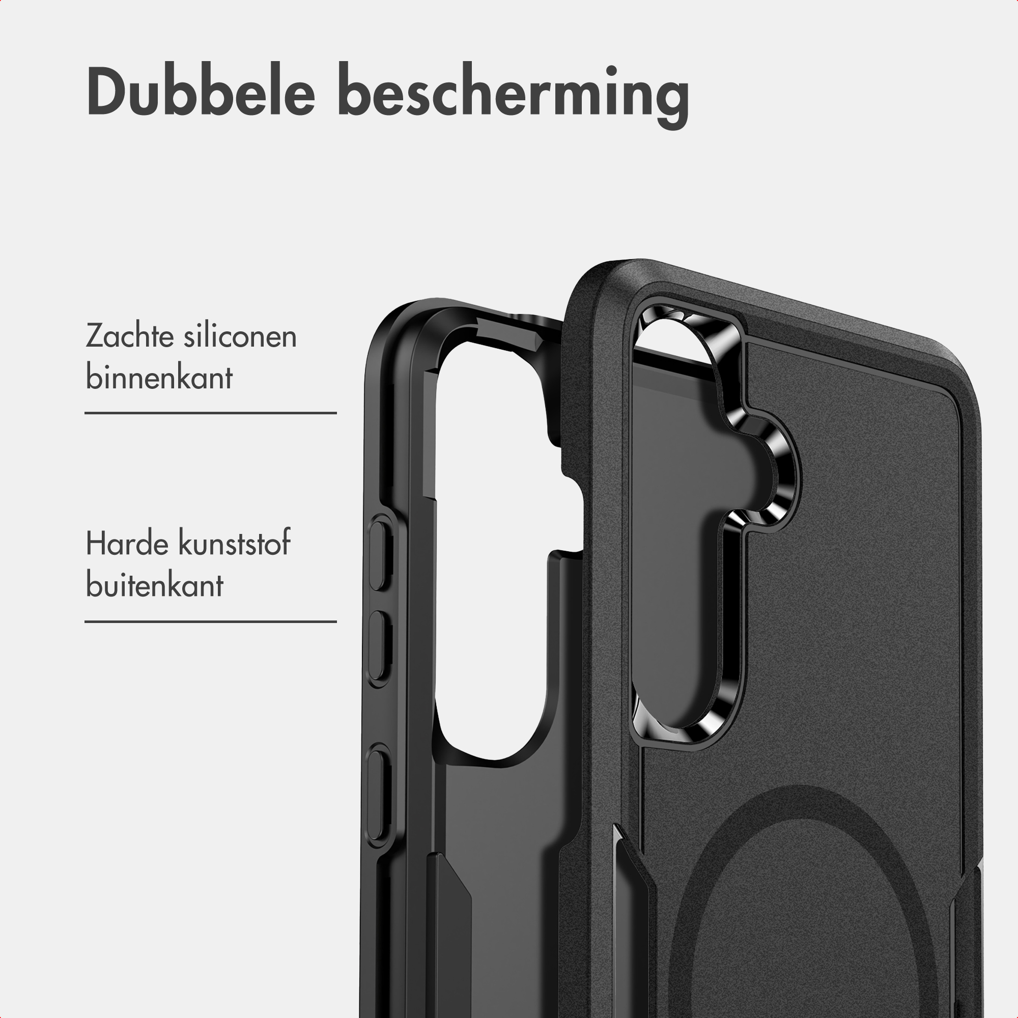 Eine schwarze zweilagige Smartphone-Hülle mit weichem Silikon innen und hartem Kunststoff außen.