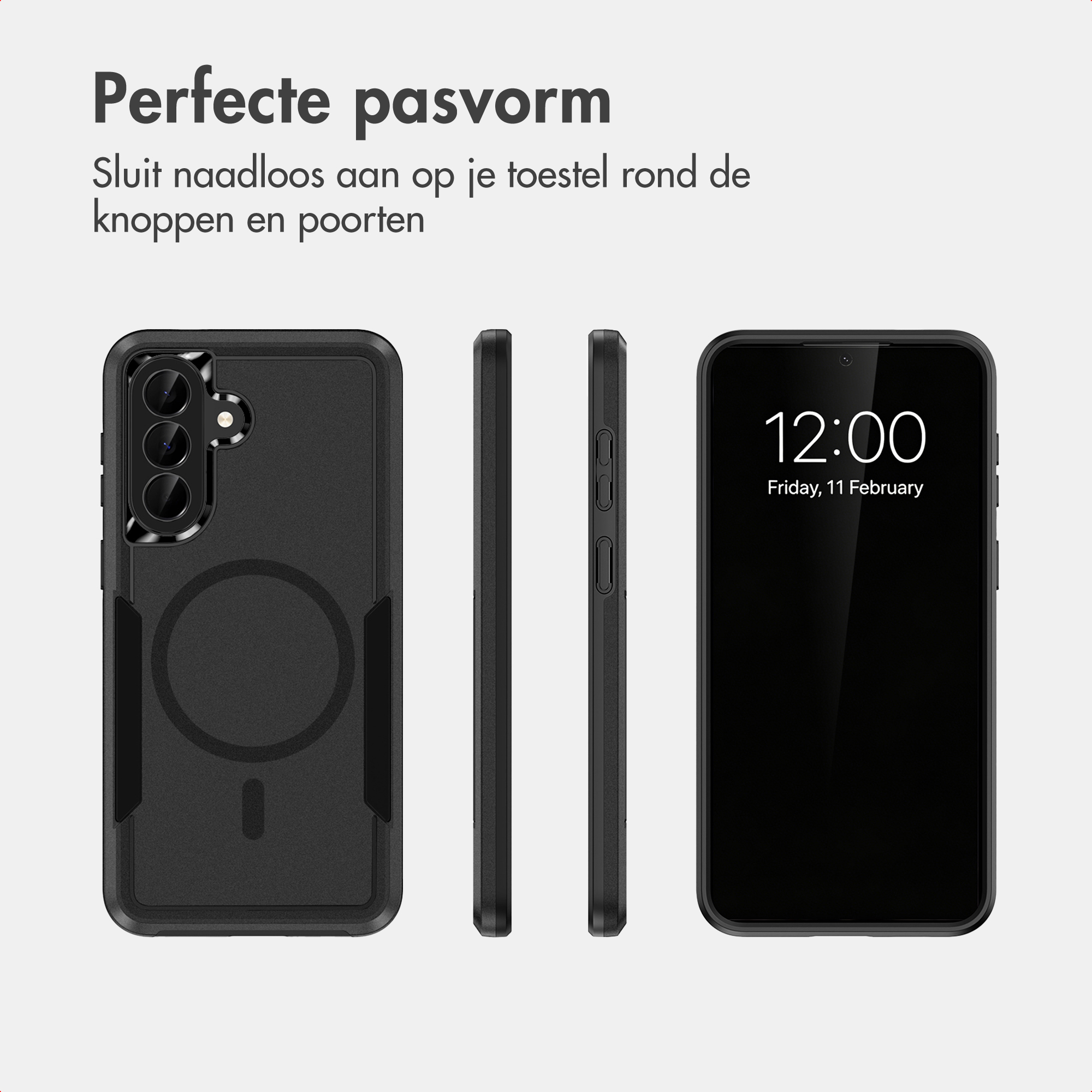 Eine schwarze Smartphone-Hülle von hinten, der Seite und vorne, mit einem Telefon, das 12:00 Uhr anzeigt.