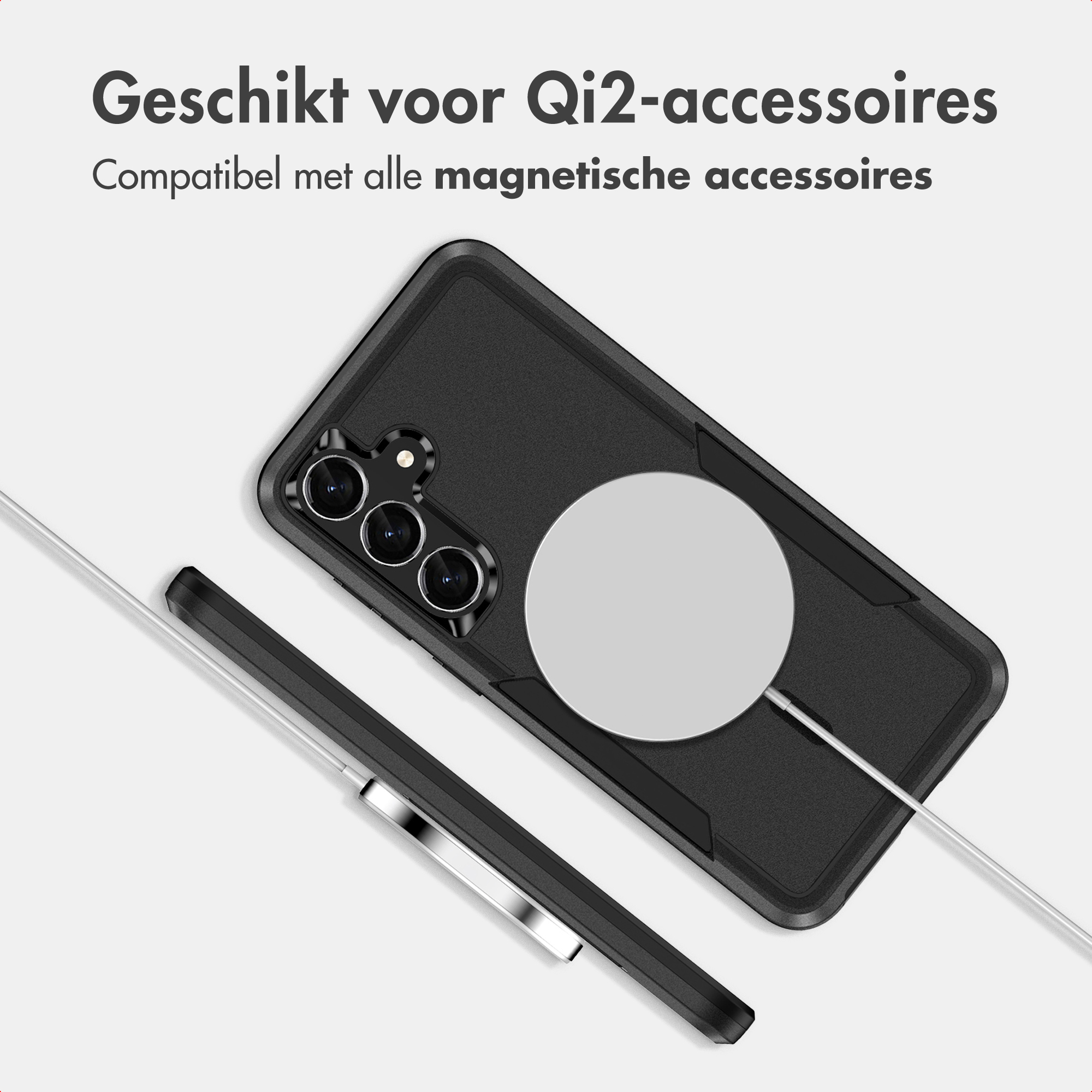 Schwarze Handyhülle mit magnetischem Ladekreis und Text oben auf weißem Hintergrund.