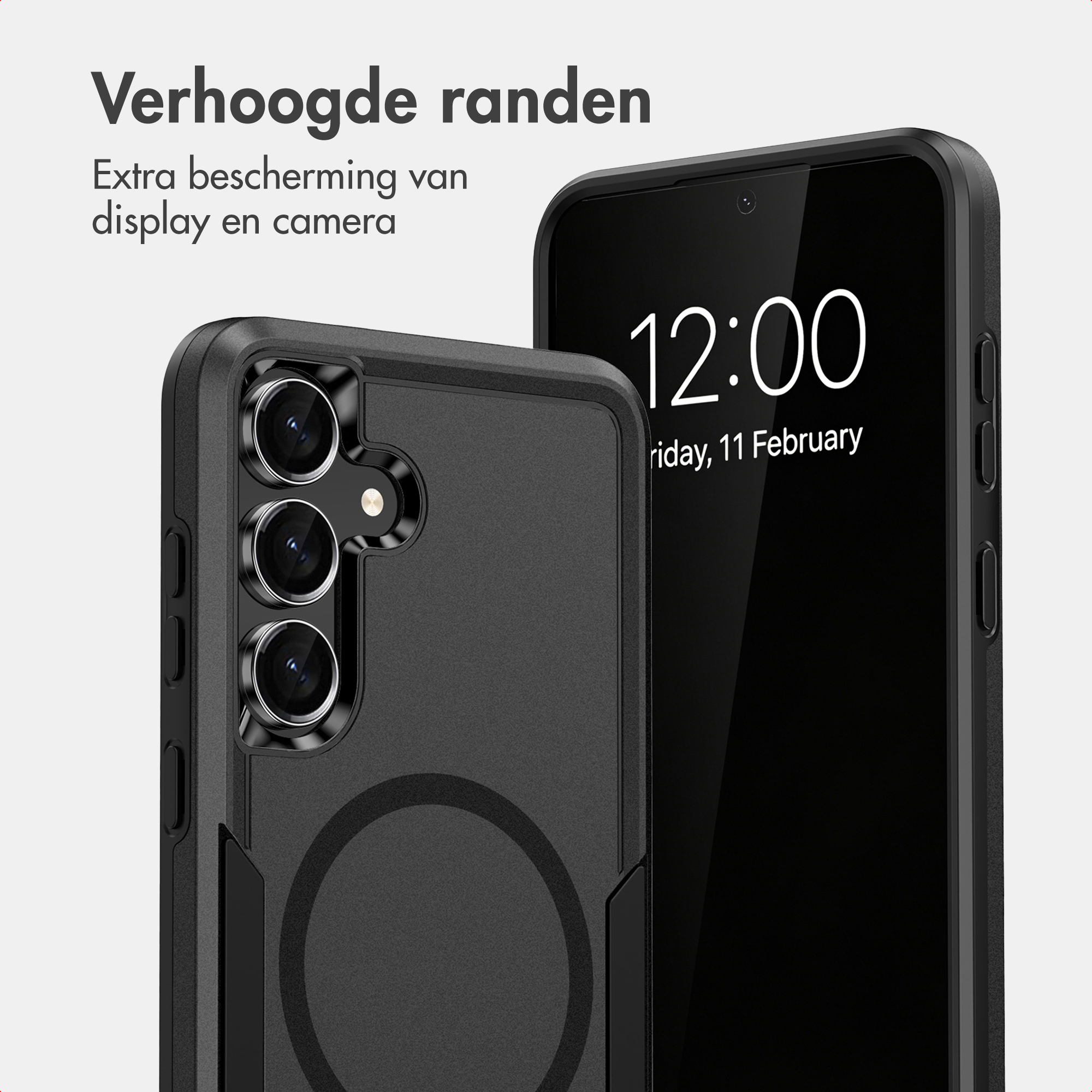 Zwei schwarze Smartphone-Hüllen mit erhöhten Rändern für Display- und Kameraschutz, Text im Hintergrund.