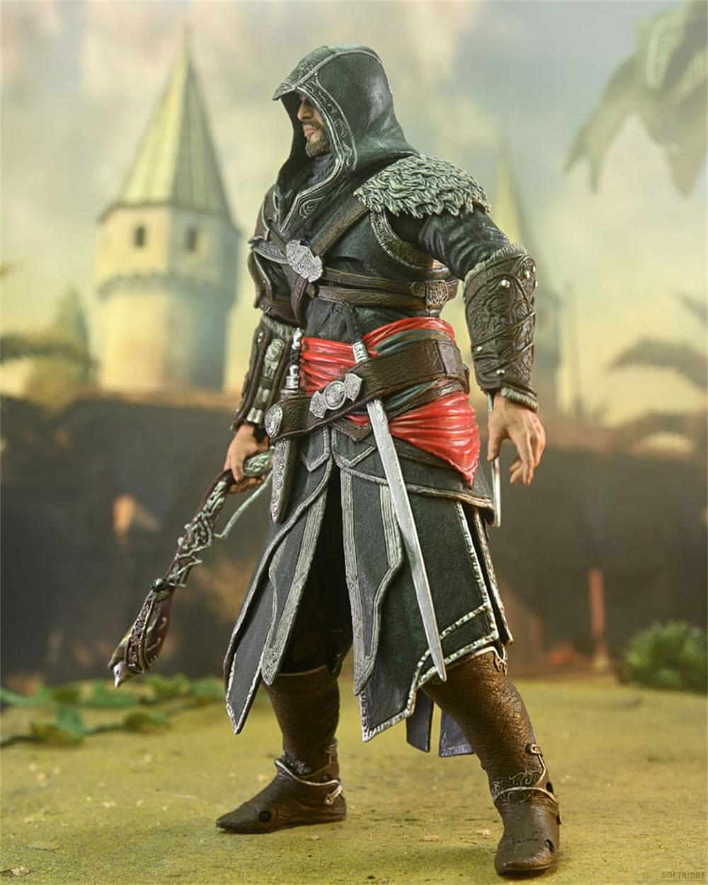 Figur im Assassinen-Kostüm mit Kapuze und Waffen vor einer alten Burg.