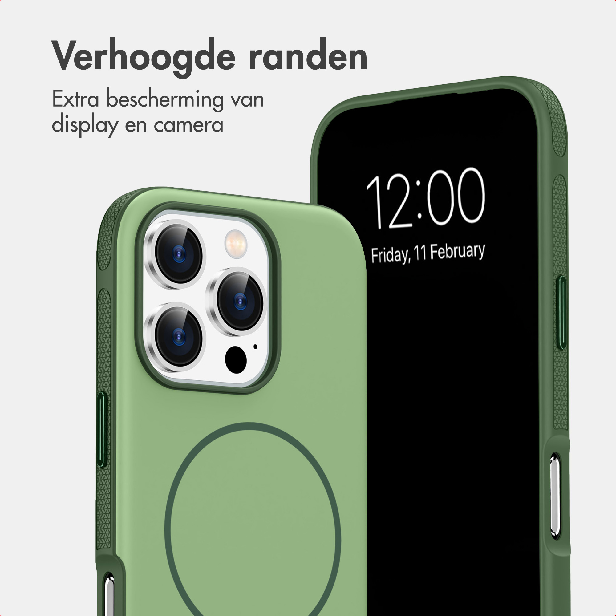 Grüne Handyhülle mit erhöhtem Rand und Kameraausschnitt, dazu Text auf Niederländisch.