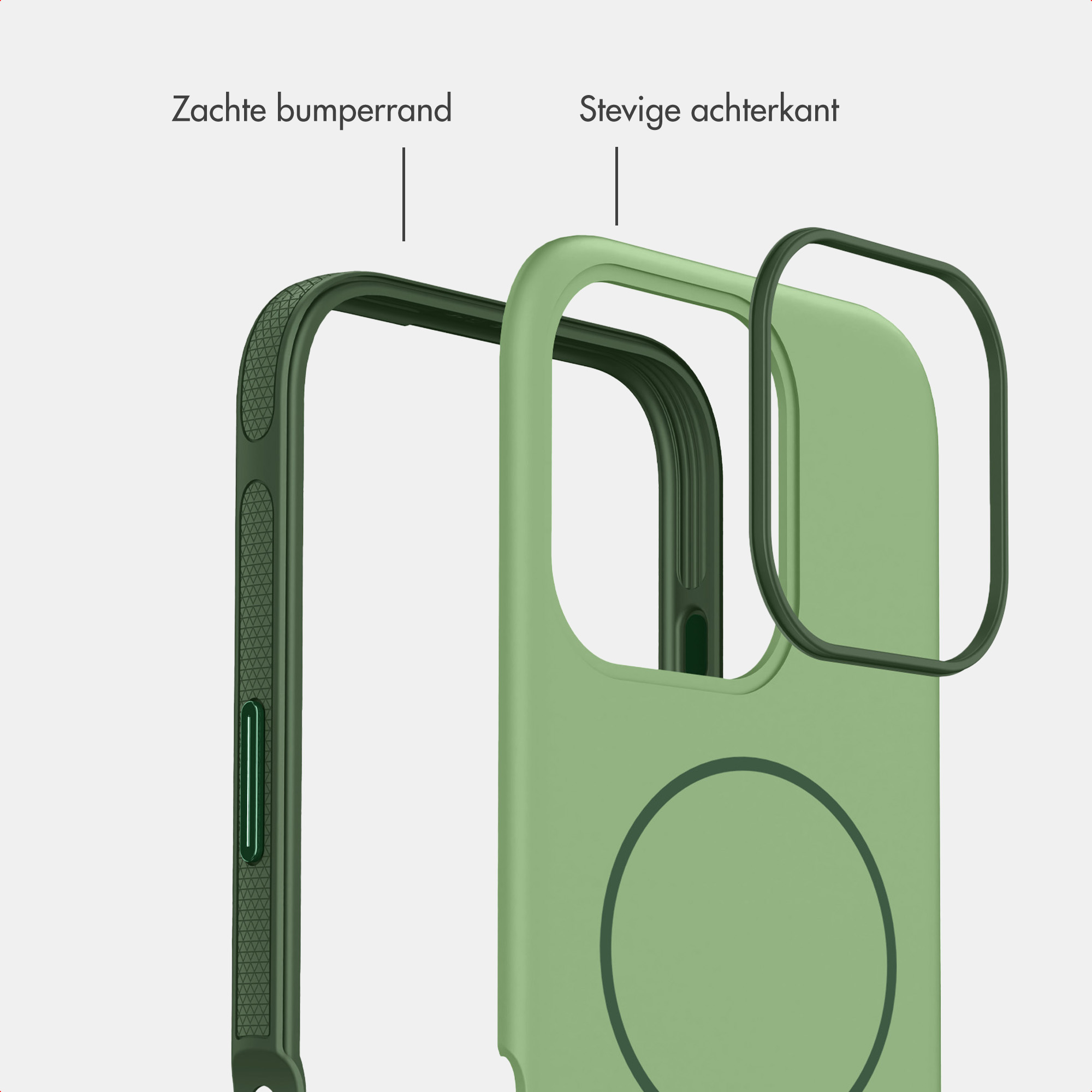 Grüne Handyhülle mit weichem Rand und stabiler Rückseite.