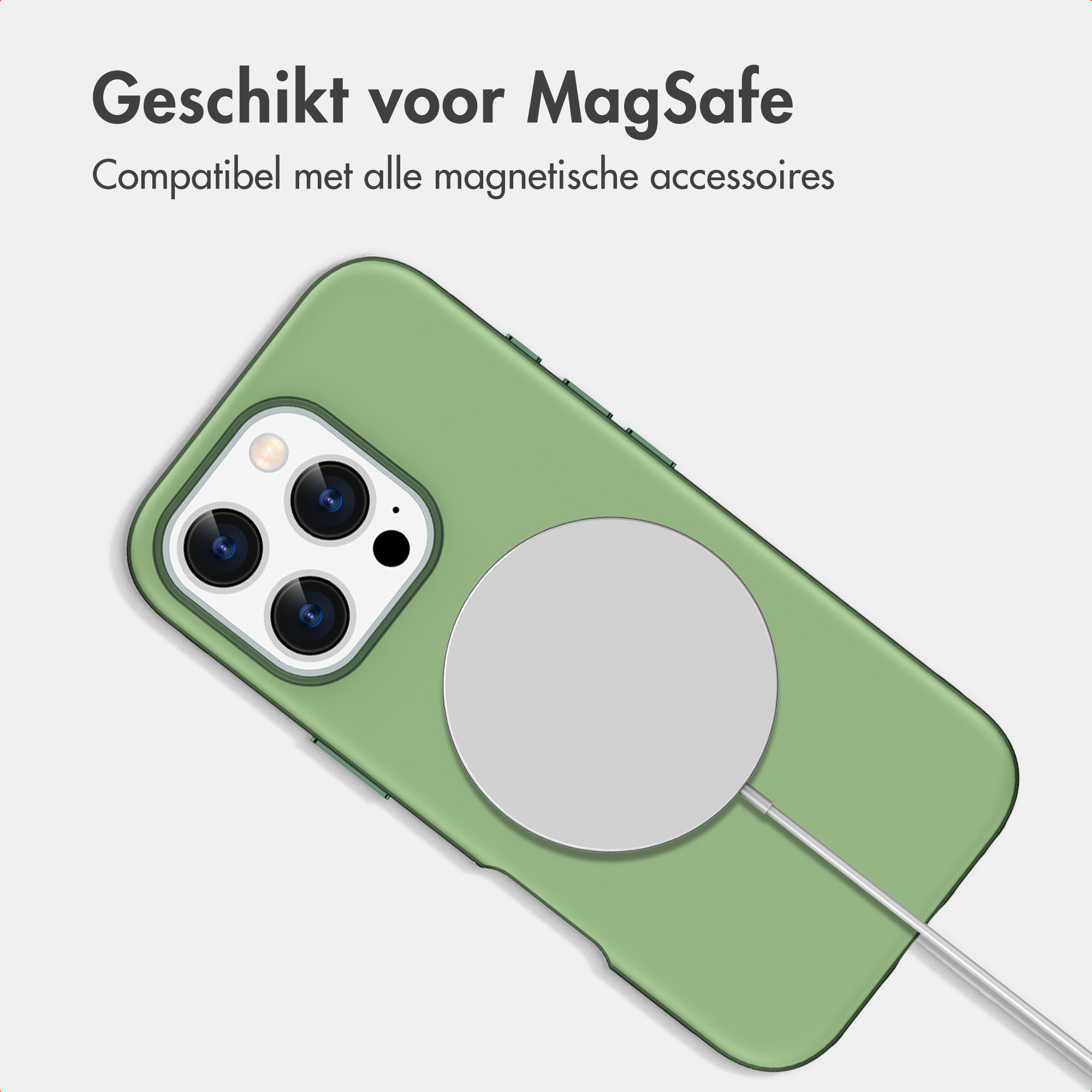 Grüne Handyhülle mit MagSafe-Ladegerät auf der Rückseite.