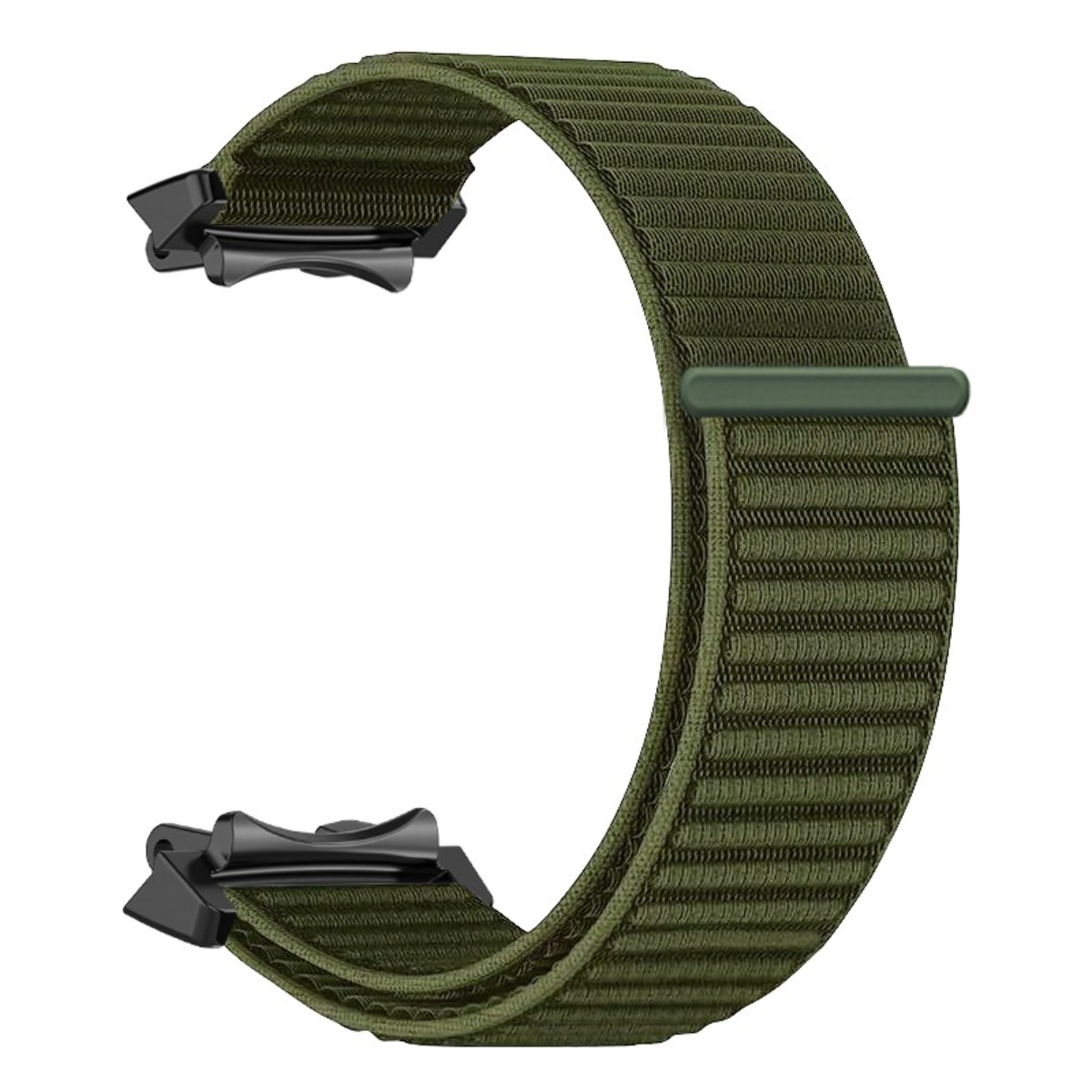 Ein grünes Nylon-Uhrenarmband mit schwarzen Metallverschlüssen vor weißem Hintergrund.
