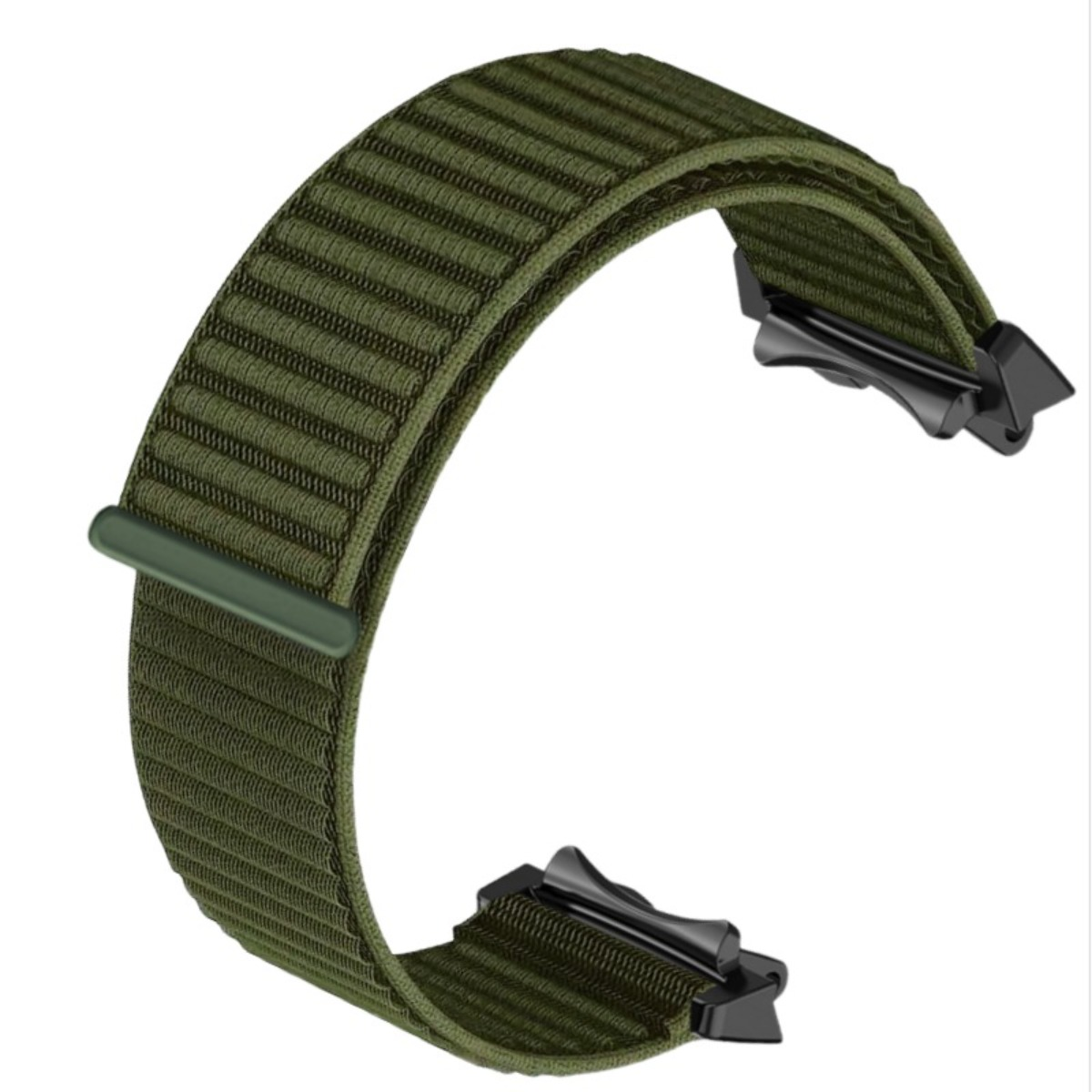 Ein grünes Nylon-Uhrenarmband mit schwarzen Metallverschlüssen.