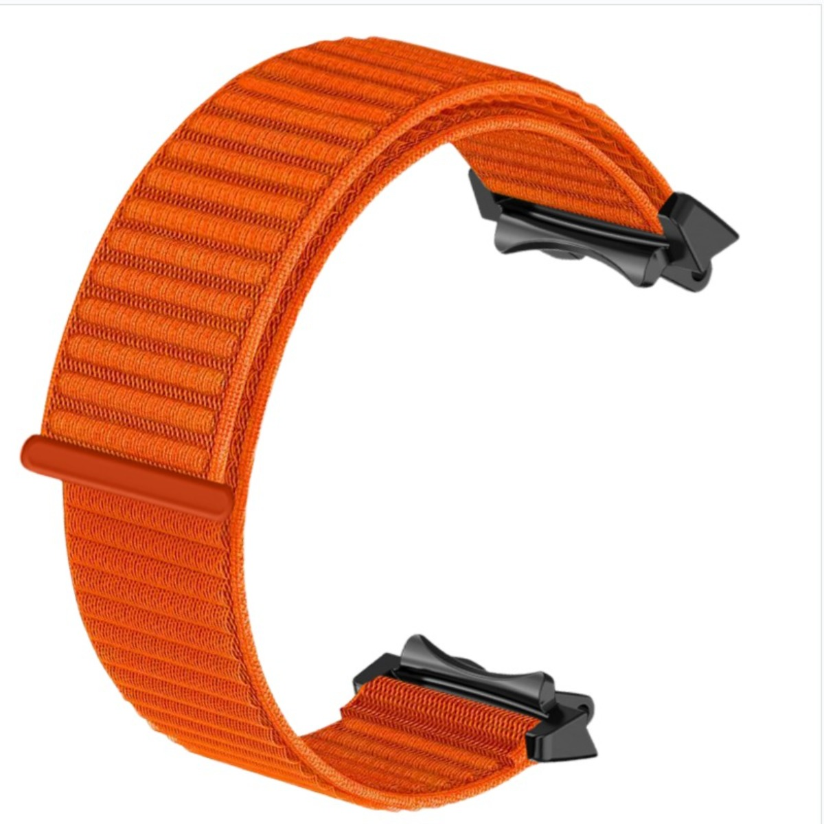 Un cinturino per smartwatch in tessuto arancione con connettori in metallo nero su sfondo bianco.