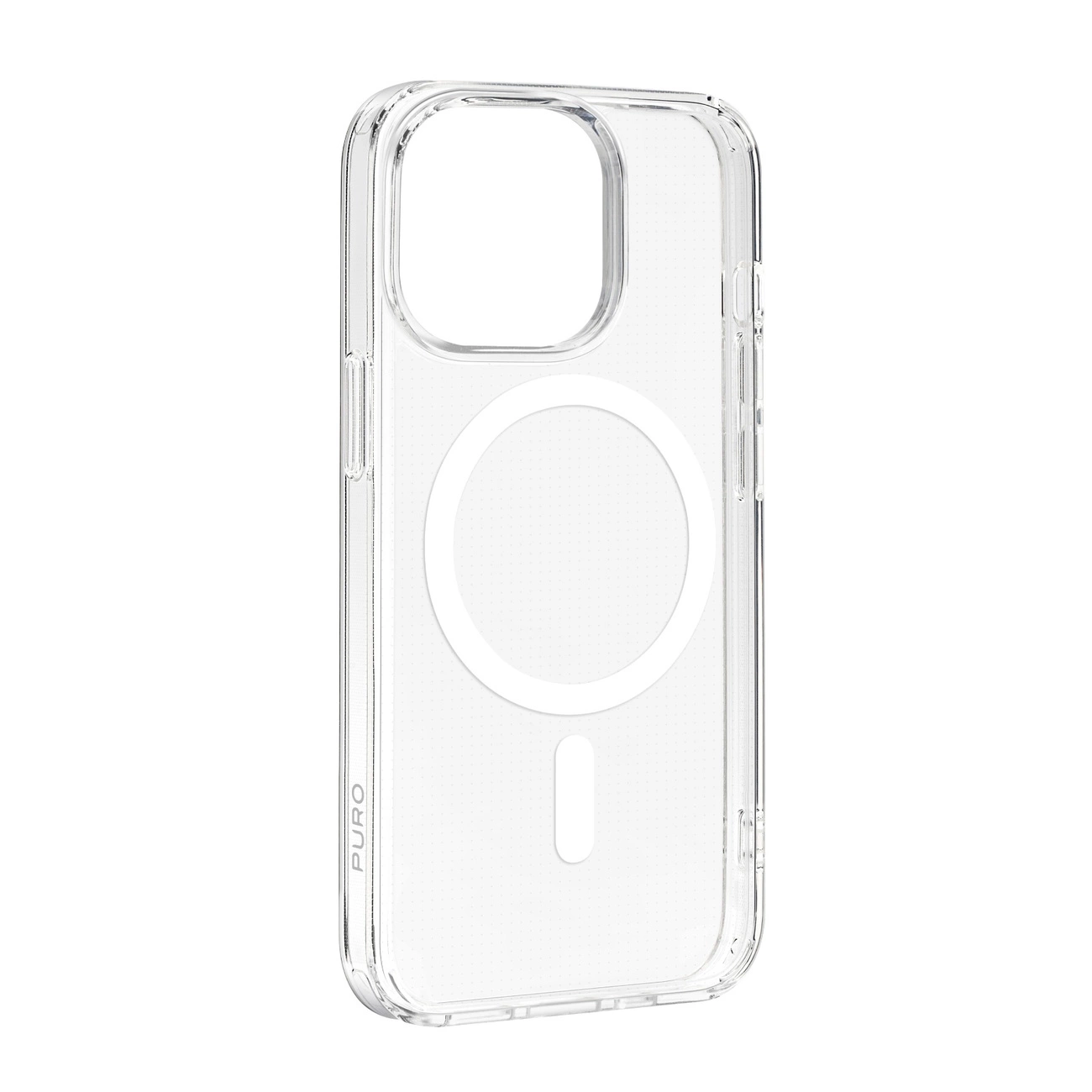 Custodia trasparente per iPhone con anello MagSafe bianco e magnete sul retro su sfondo bianco.