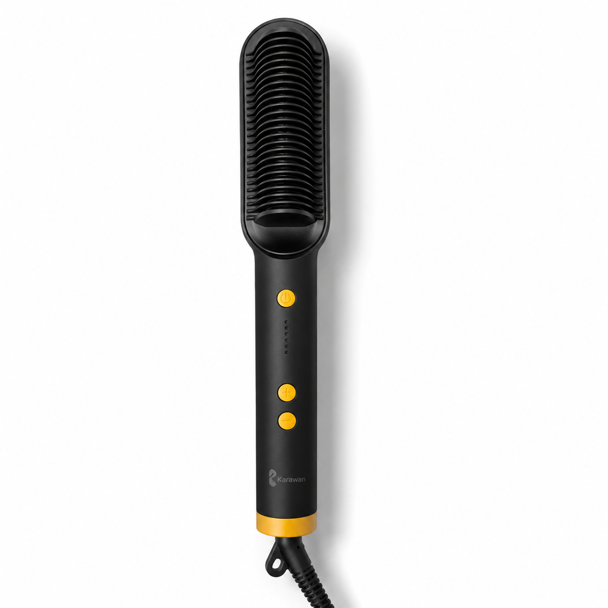 Un cepillo alisador de pelo negro con botones amarillos y una base amarilla sobre fondo blanco.