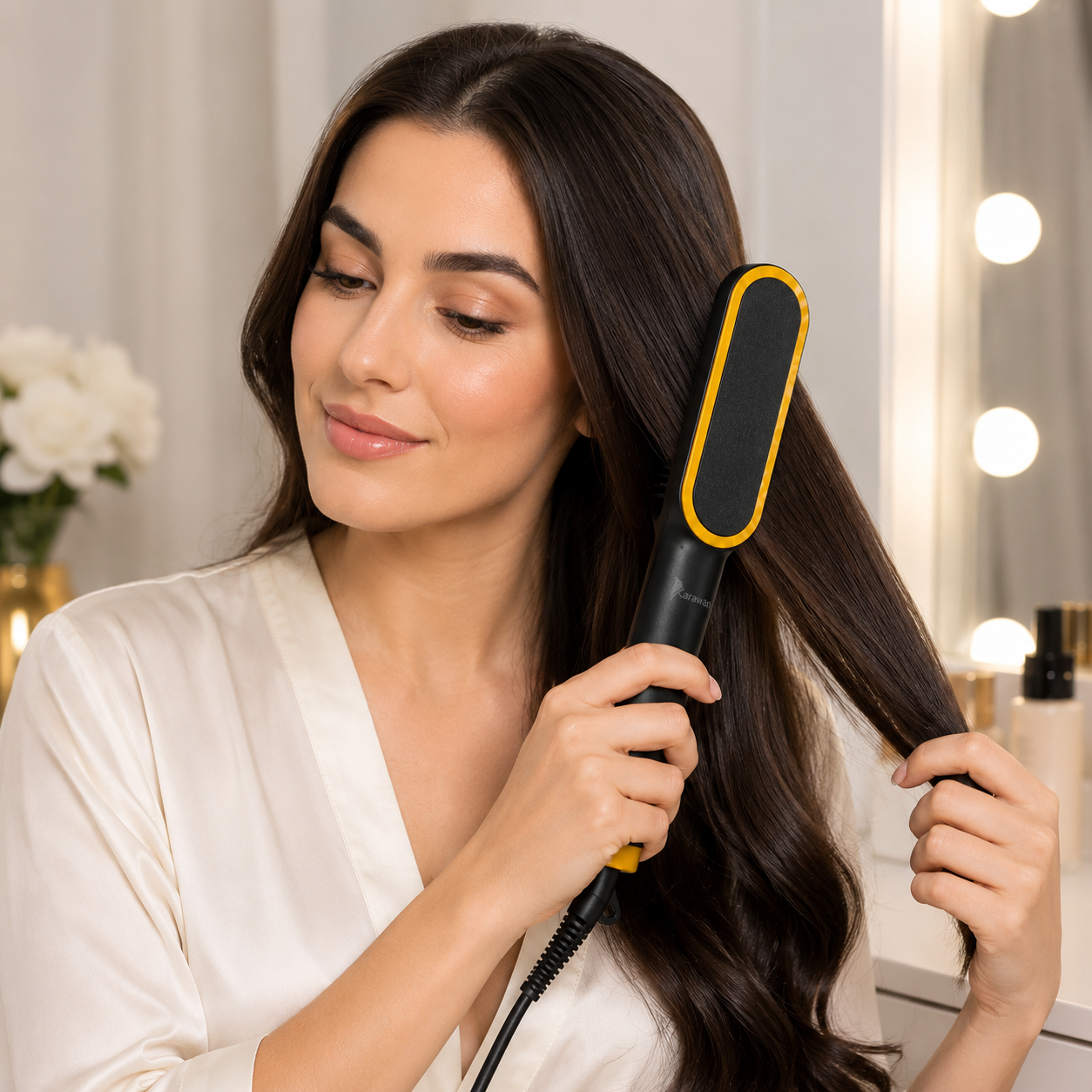 Una mujer sonriente con bata blanca alisa su largo cabello oscuro con un cepillo alisador negro y amarillo.