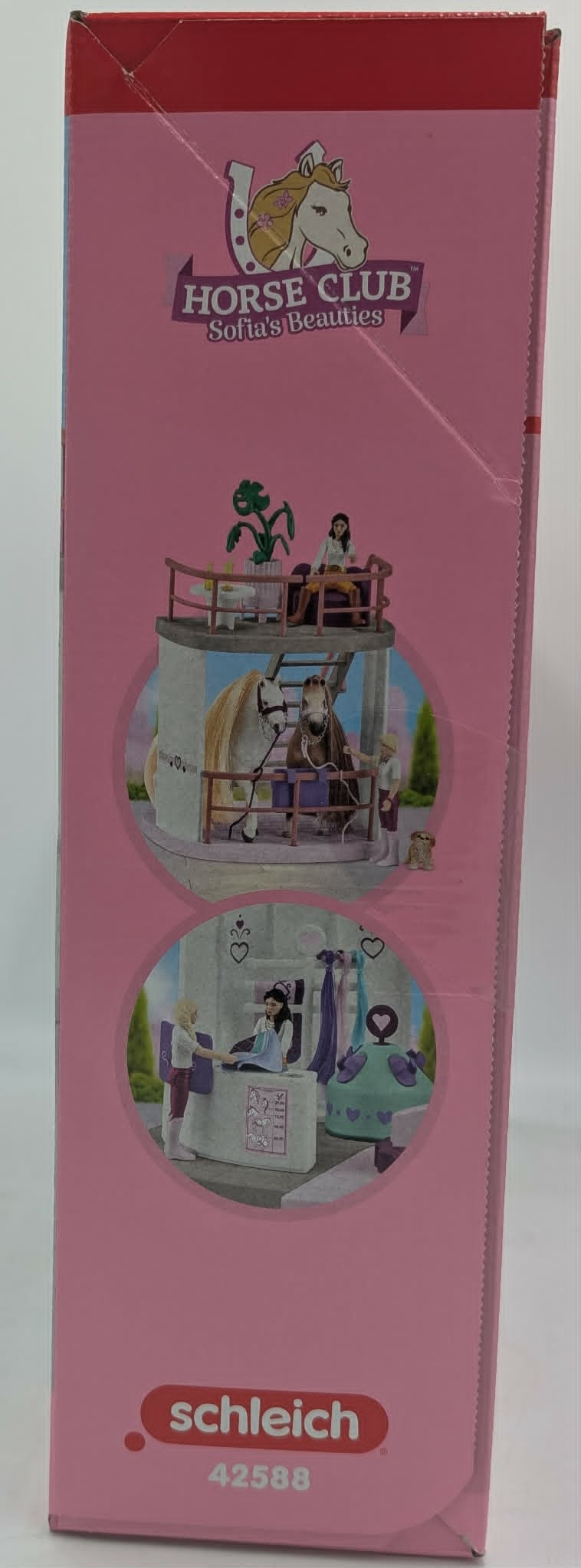 Rosa Schleich Horse Club Spielverpackung mit Bildern von Pferden, Figuren und Zubehör.