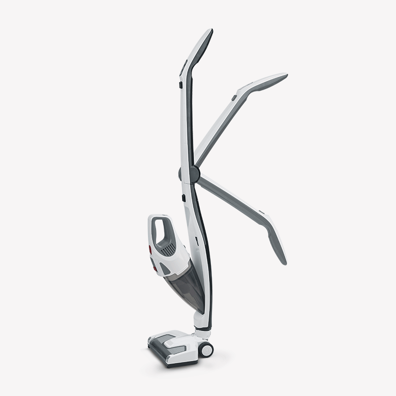 Un aspirateur balai sans fil blanc et gris avec manche pliable sur fond blanc.