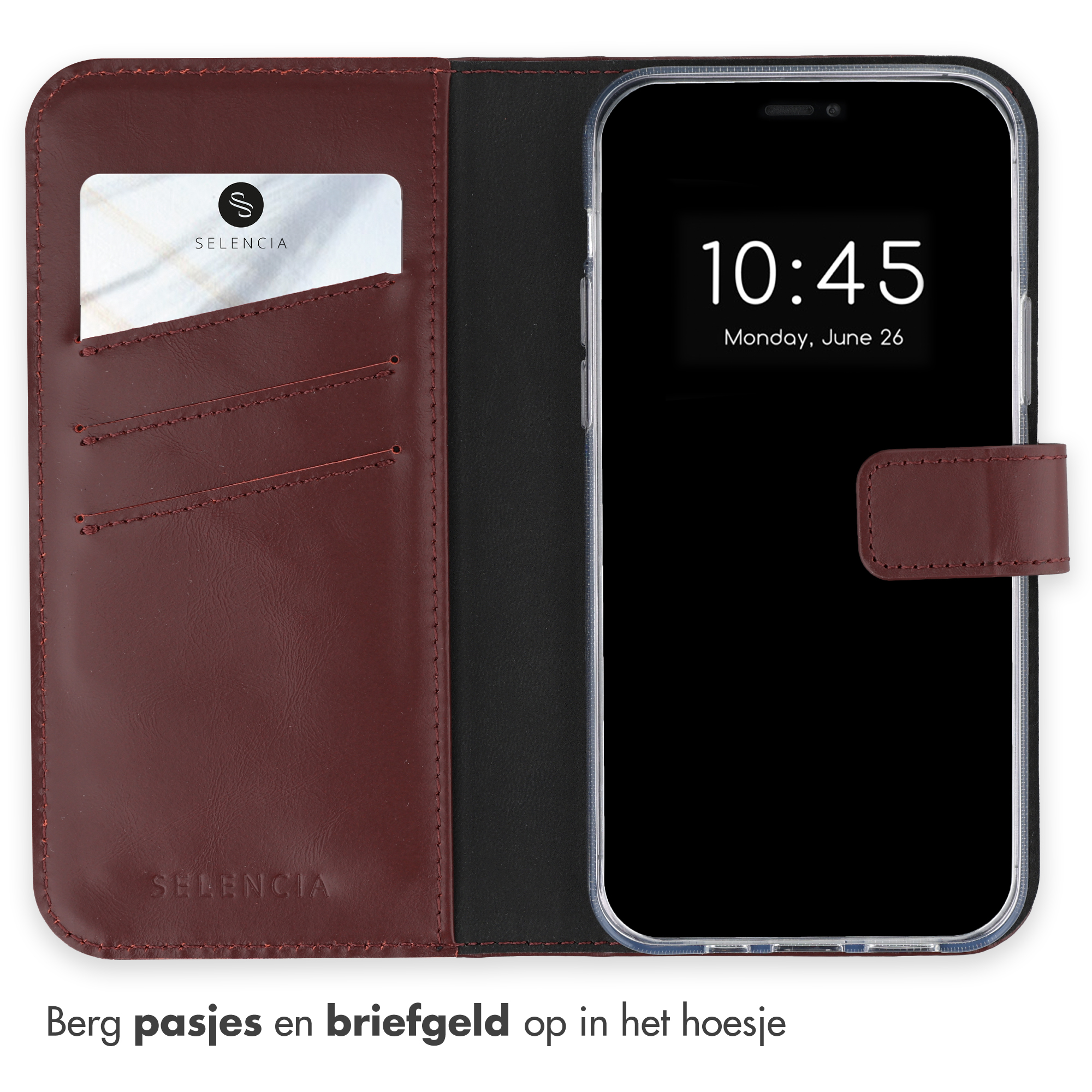 Bordeauxleren smartphonehoesje met ingebouwde vakjes voor pasjes aan de linkerkant.