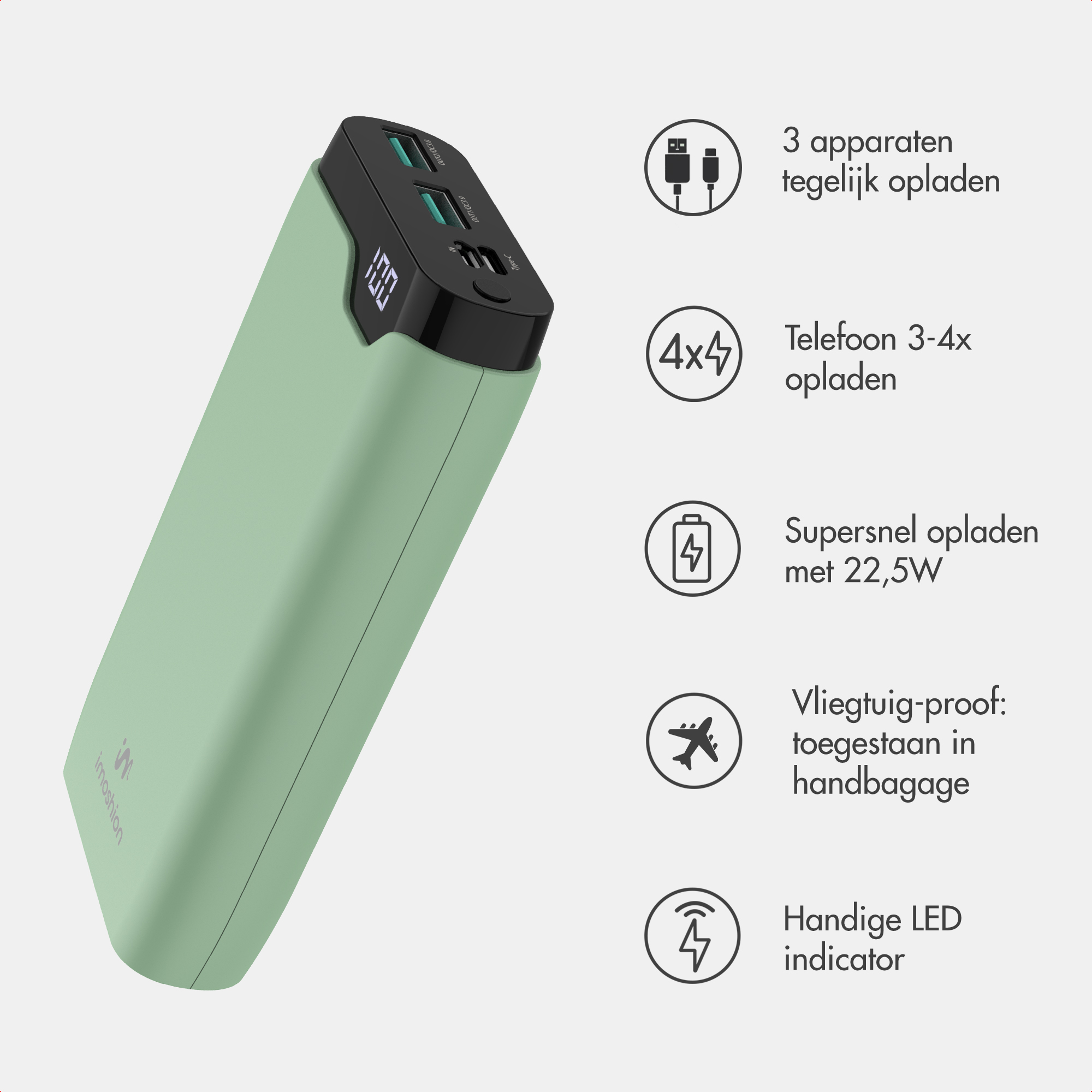 Power bank verde con display LED e cinque icone che ne spiegano le funzioni in olandese.