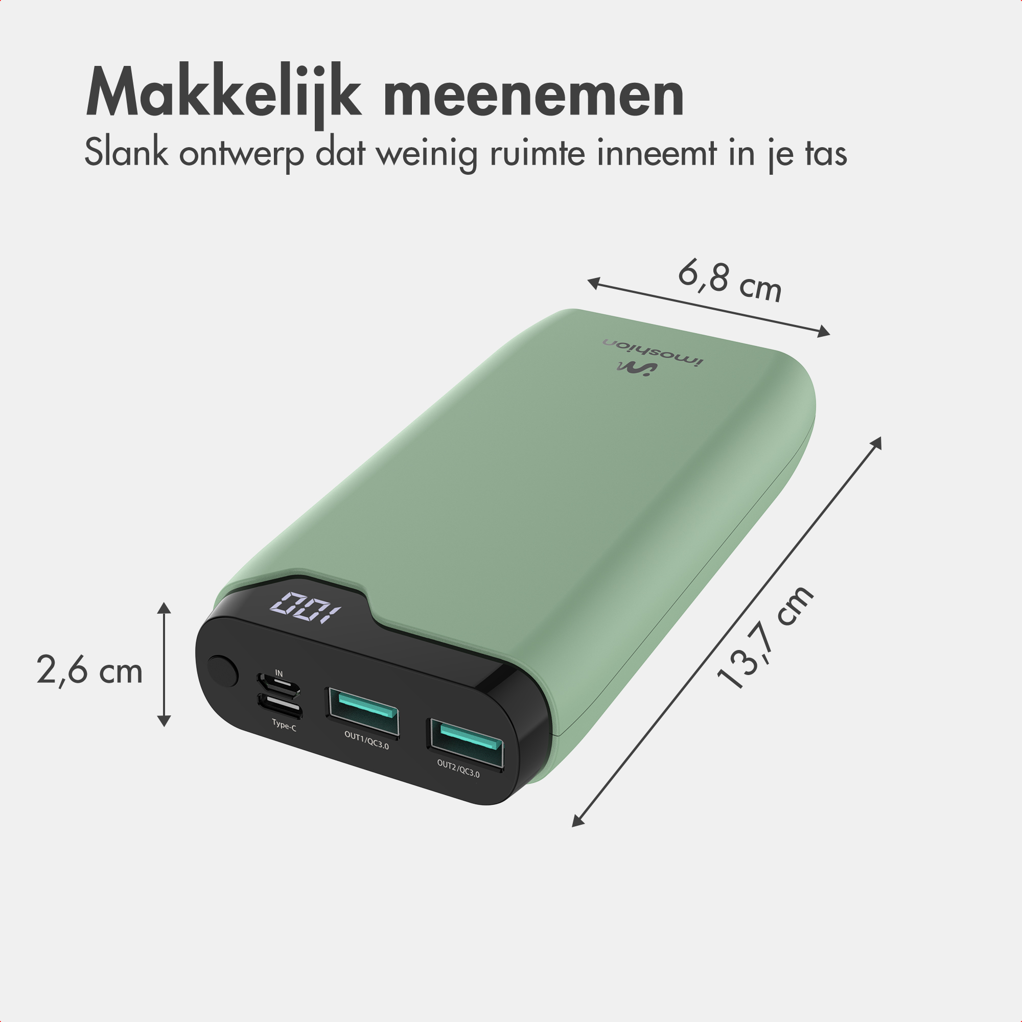 Power bank verde compatto da 13,7 x 6,8 x 2,6 cm, display digitale e porte USB.
