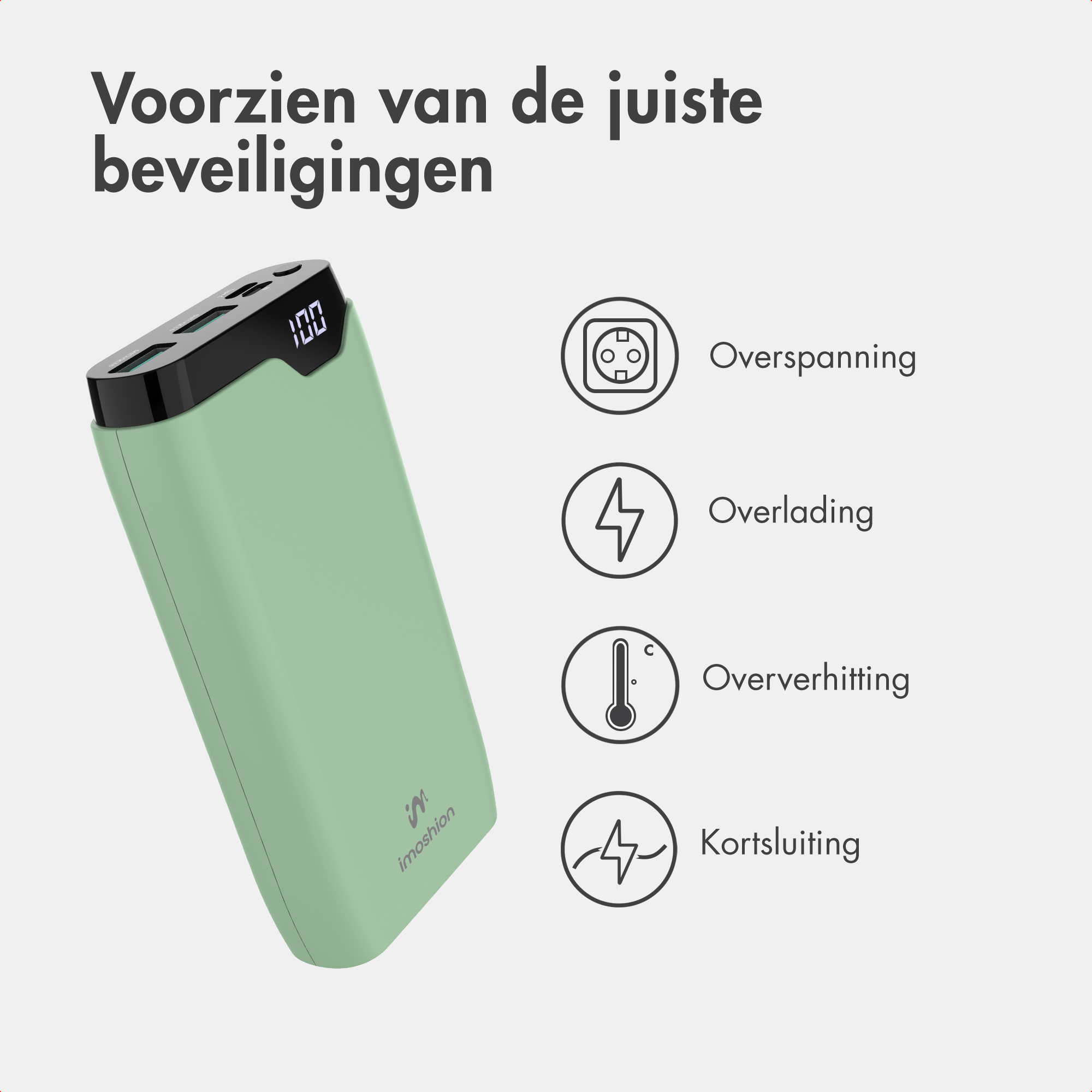 Power bank verde con display digitale e icone di protezione.