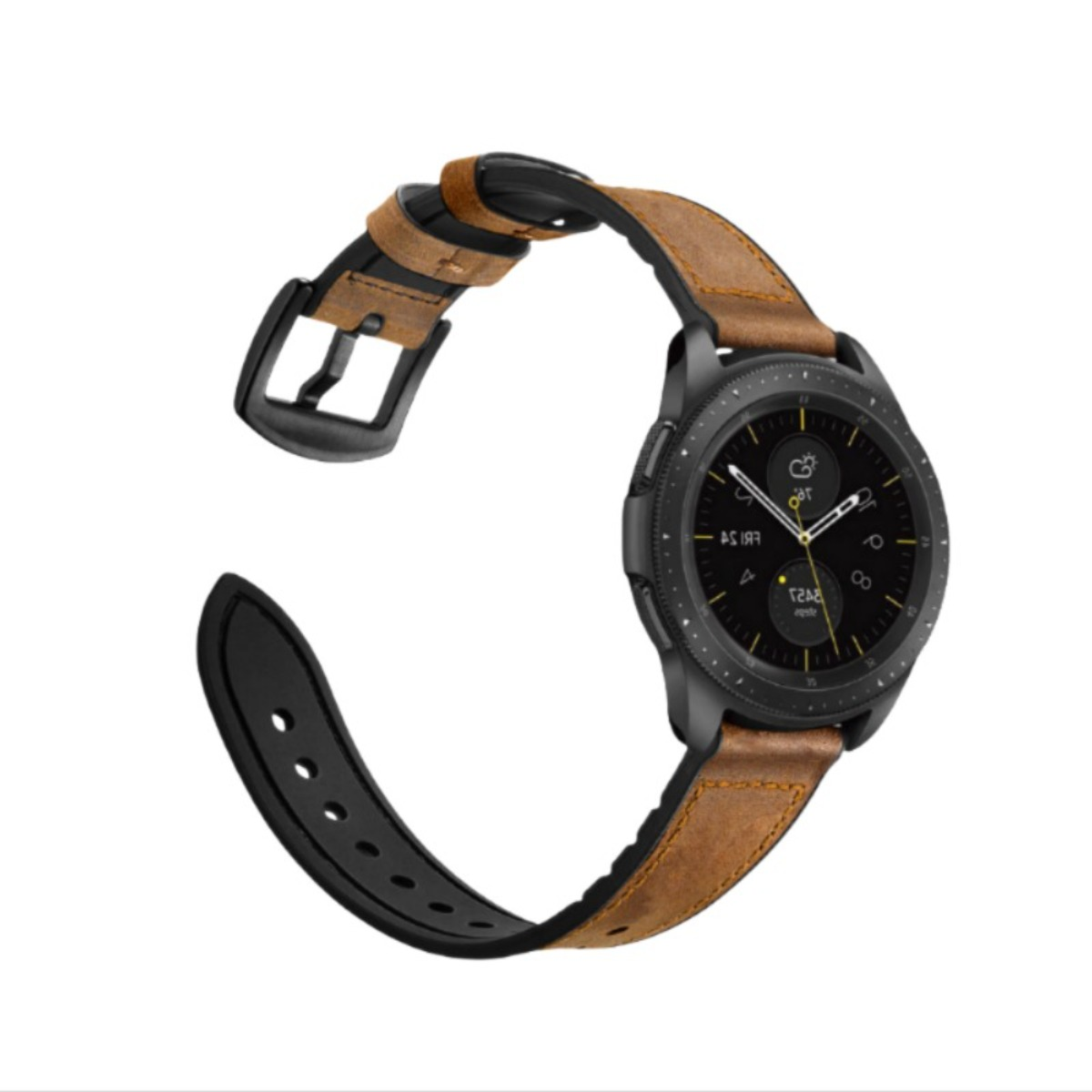 Eine schwarze Smartwatch mit braunem Lederarmband auf weißem Hintergrund.