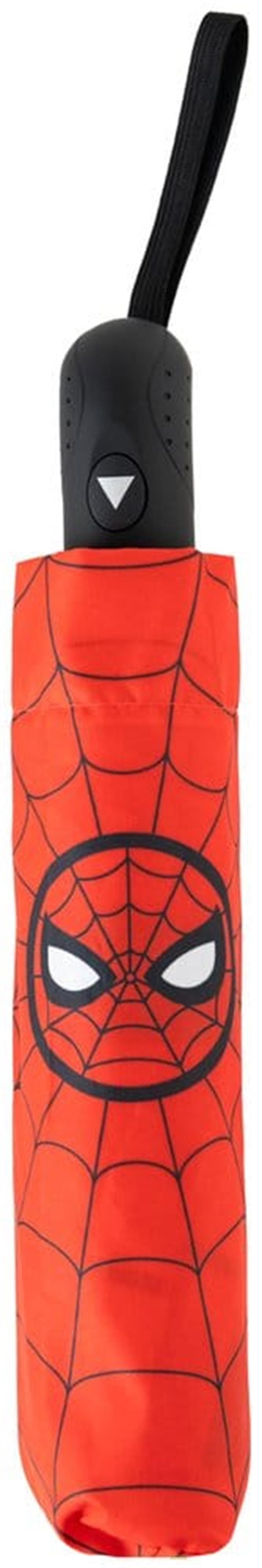 Ein geschlossener roter Regenschirm mit Spider-Mans Maske, schwarzem Griff und Handschlaufe vor weißem Hintergrund.
