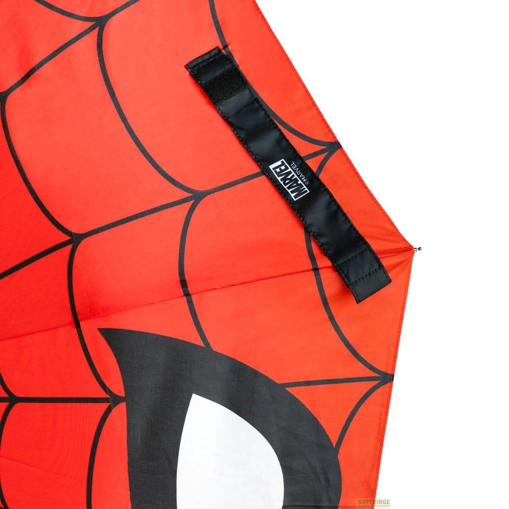 Roter Regenschirm mit Spinnennetz-Muster und schwarzem Marvel-Verschluss.
