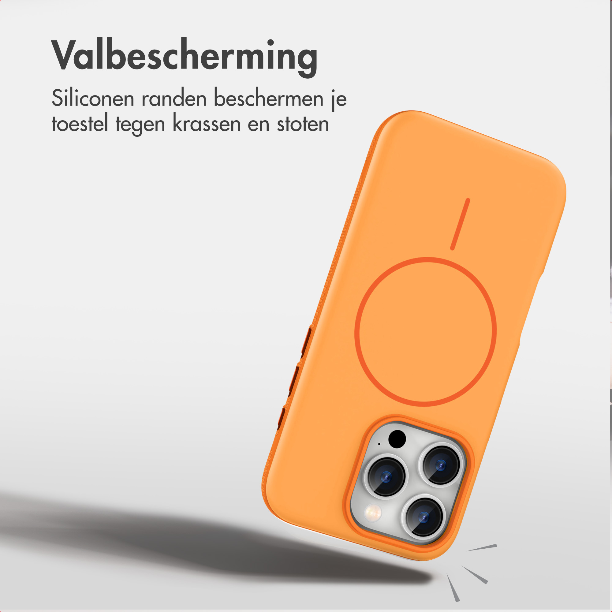 Eine leuchtend orangefarbene Handyhülle auf einem Smartphone mit drei Kameras, grafische Linien im Hintergrund.