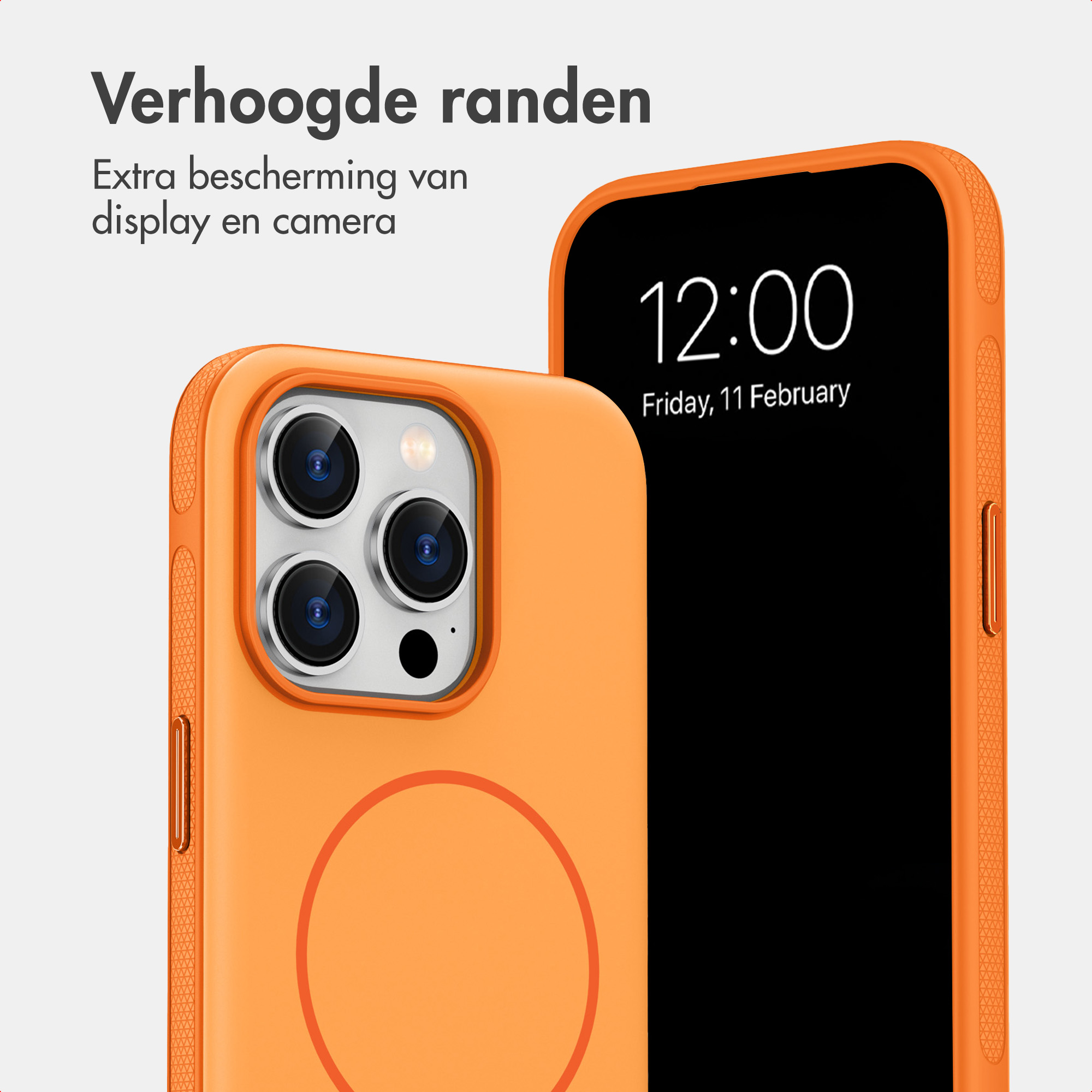Zwei orange Handyhüllen für iPhones mit MagSafe-Kreis und erhöhten Rändern auf hellem Hintergrund.