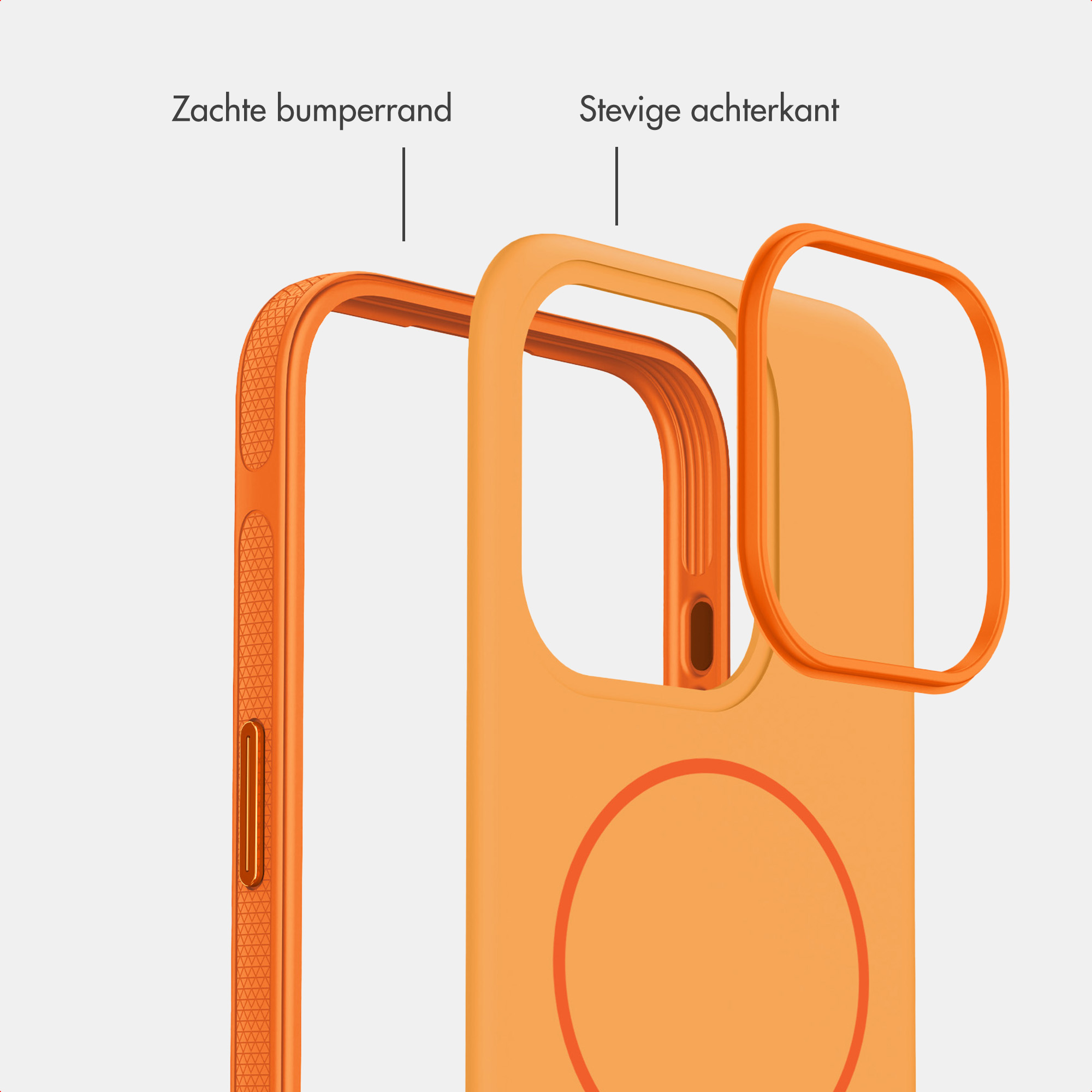 Explosionszeichnung einer orangefarbenen Smartphone-Hülle mit weichem Rand und stabiler Rückseite.