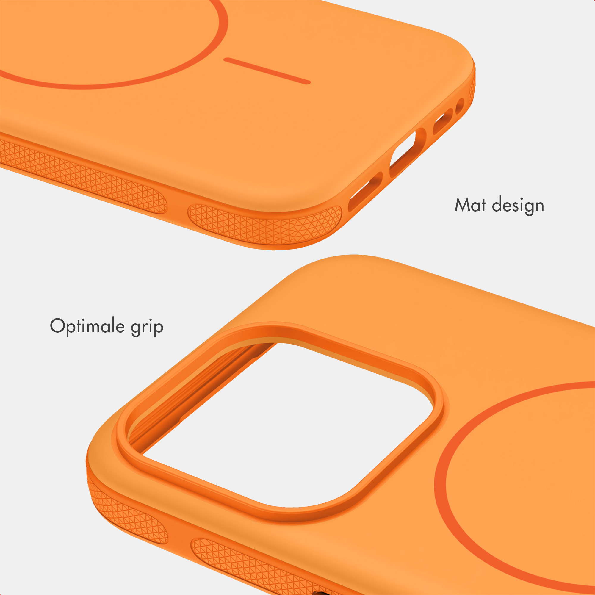Zwei Ansichten einer orangen Handyhülle mit mattem Design und strukturierter Griffstruktur.