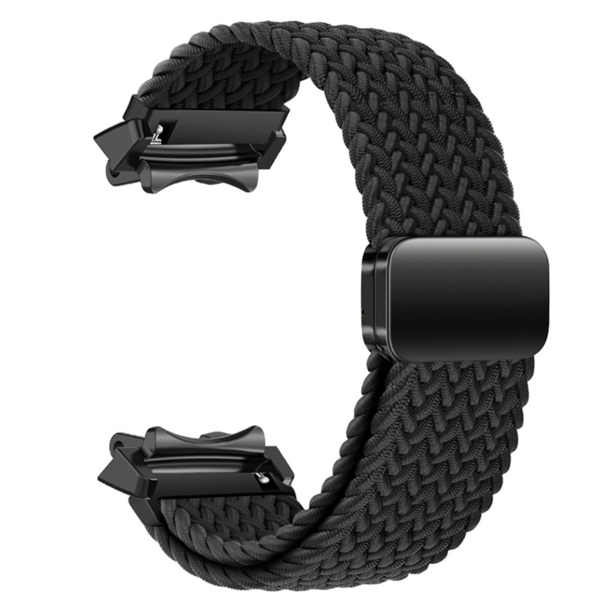 Ein schwarzes geflochtenes Uhrenarmband mit schwarzen Metallverbindern auf weißem Hintergrund.
