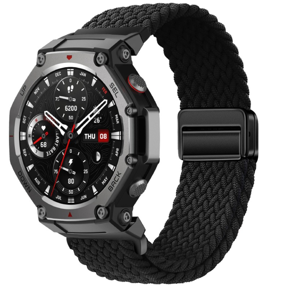 Robuste Smartwatch in Grau mit schwarzem Textilarmband, digitalem Zifferblatt und Seitentasten vor weißem Hintergrund.