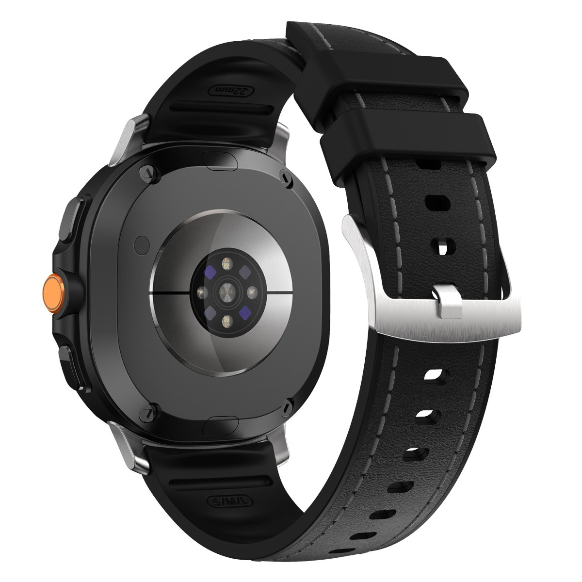 Rückseite einer schwarzen Smartwatch mit Sensorarray und schwarzem Lederarmband mit silberner Schließe.