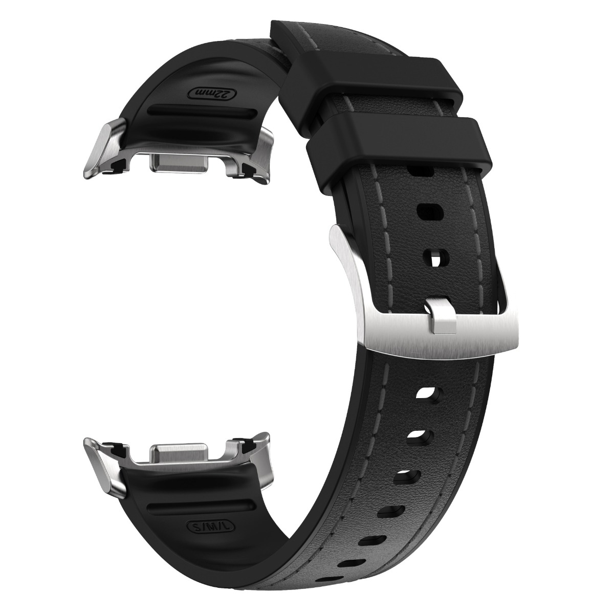 Schwarzes Uhrenarmband aus Leder mit silberner Schnalle vor weißem Hintergrund.